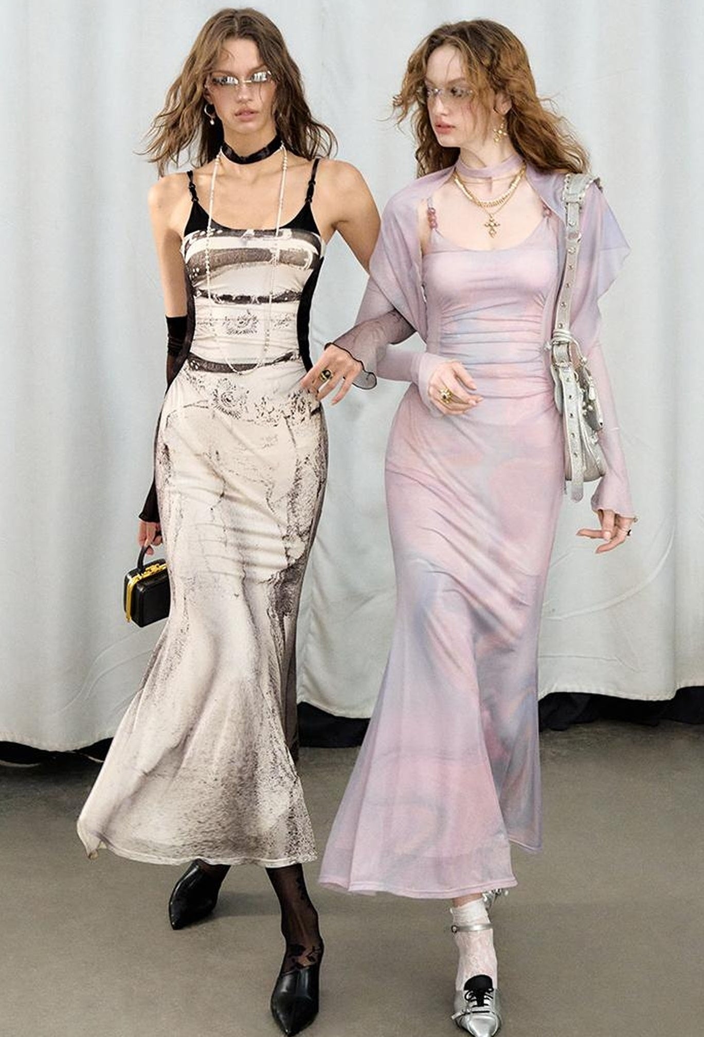 OfAkiva Sheer Mesh Ruffled Mermaid Maxi Dress With Print