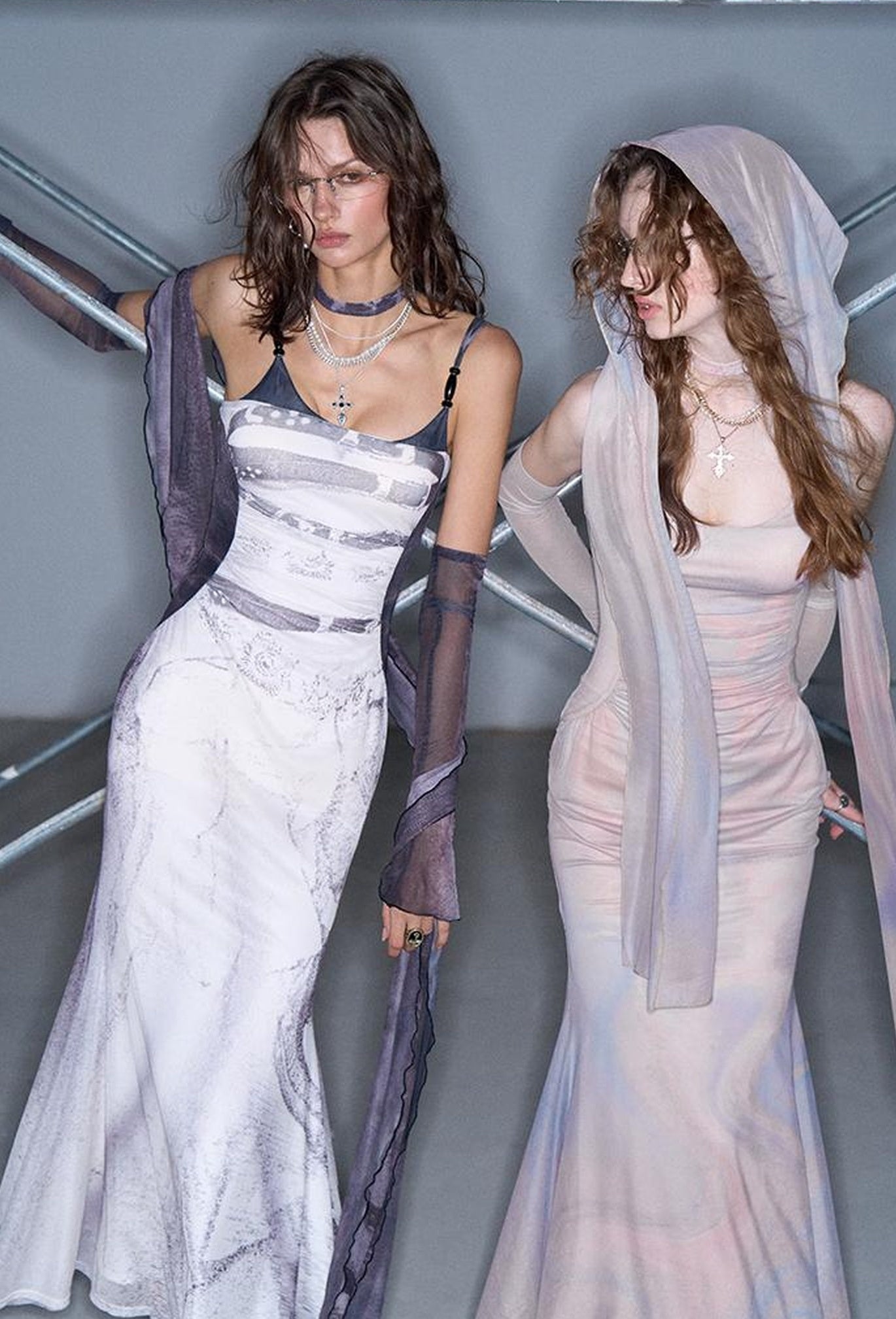 OfAkiva Sheer Mesh Ruffled Mermaid Maxi Dress With Print