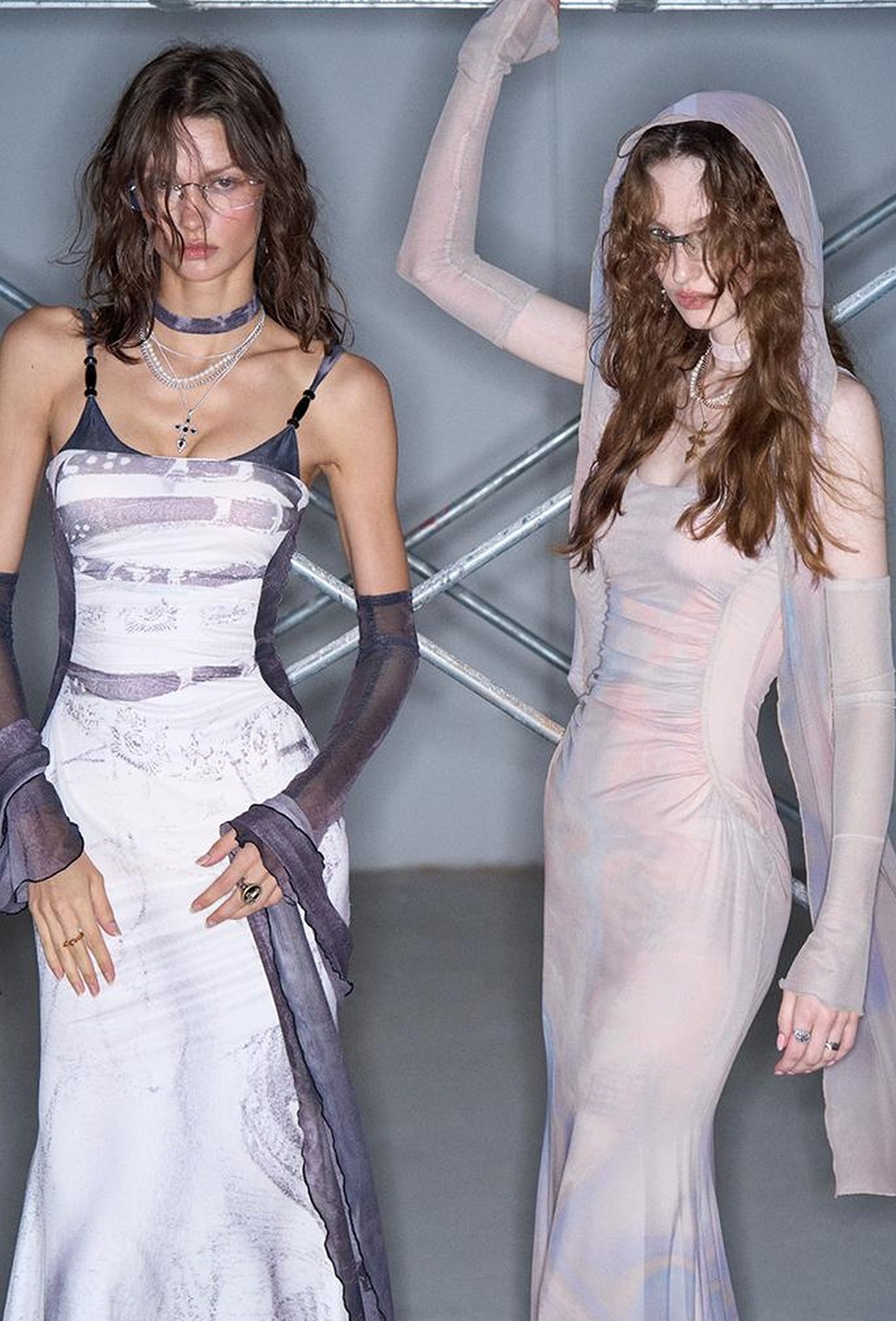 OfAkiva Sheer Mesh Ruffled Mermaid Maxi Dress With Print