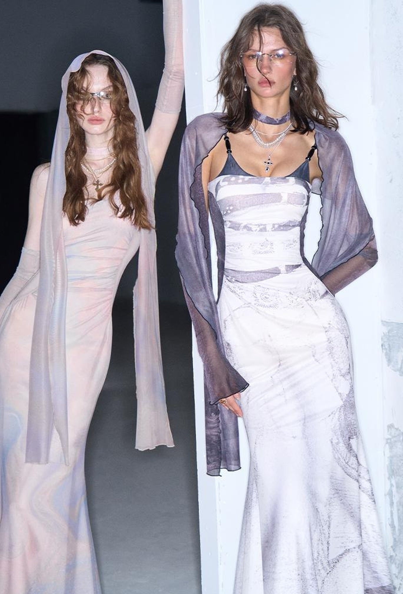 OfAkiva Sheer Mesh Ruffled Mermaid Maxi Dress With Print