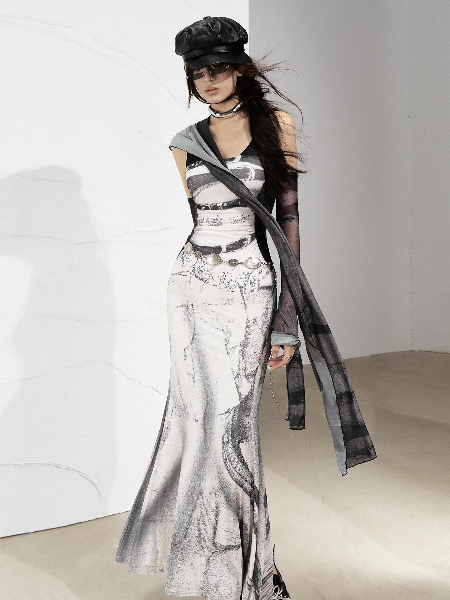 OfAkiva Sheer Mesh Ruffled Mermaid Maxi Dress With Print