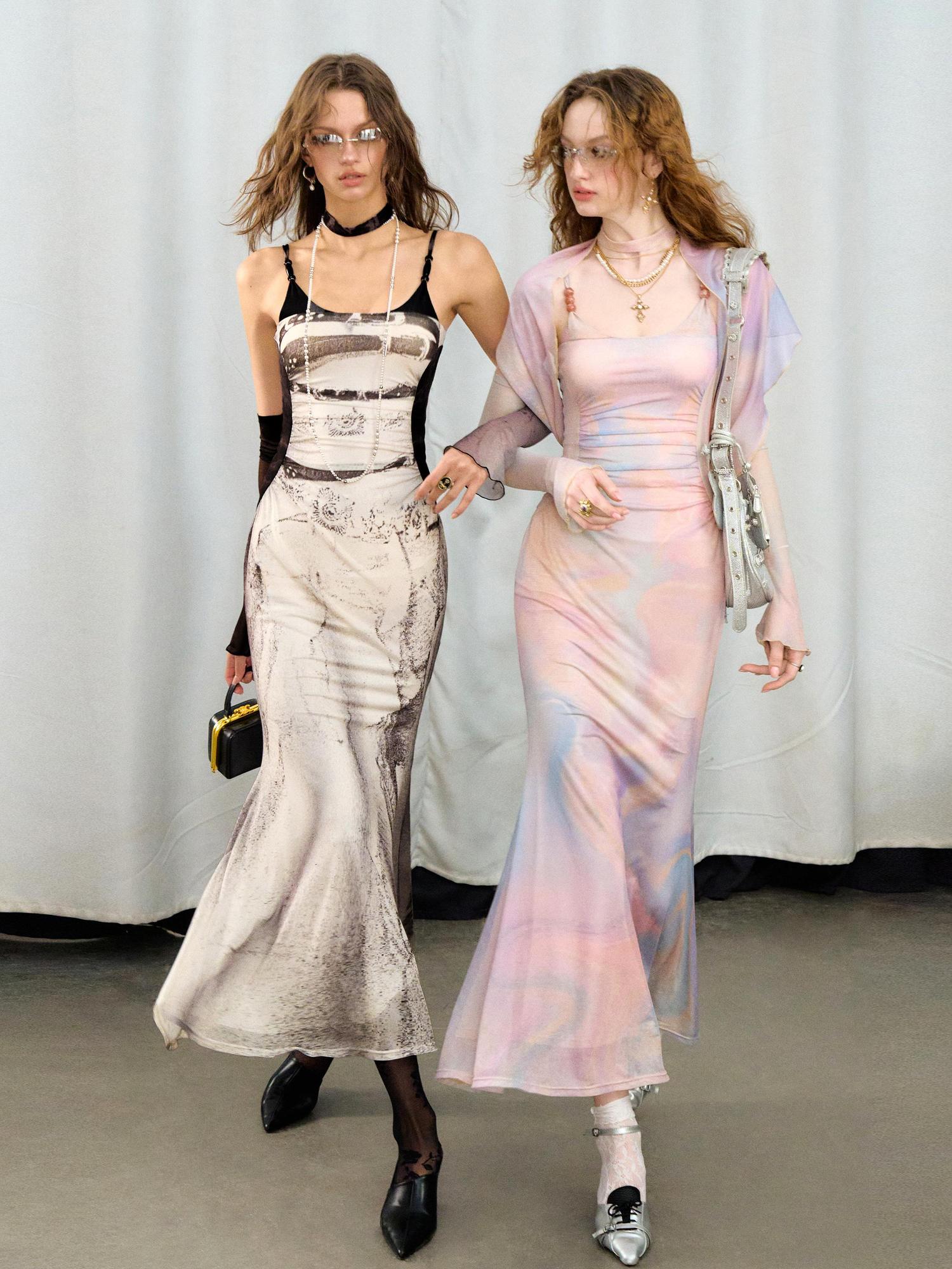 OfAkiva Sheer Mesh Ruffled Mermaid Maxi Dress With Print