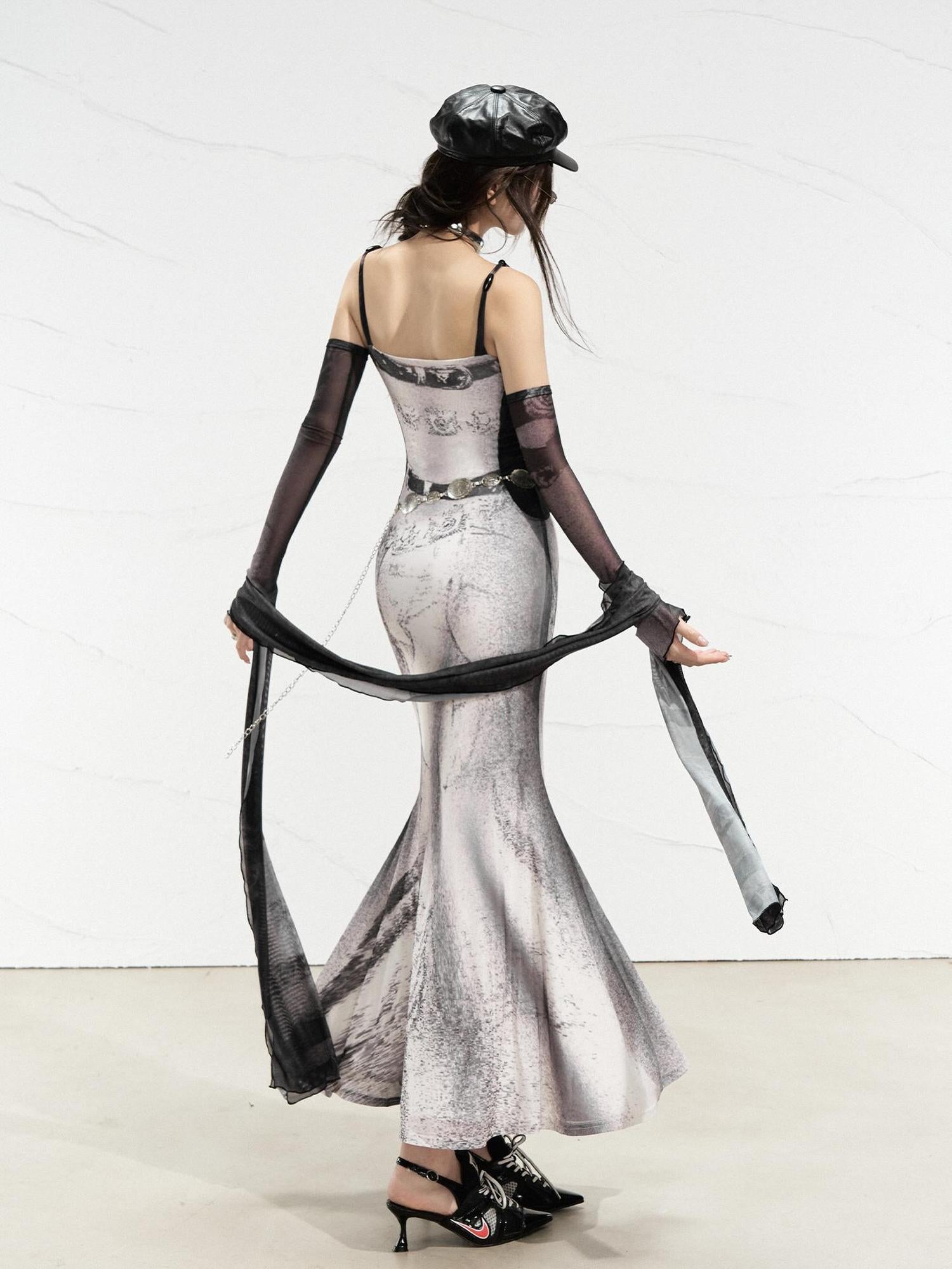 OfAkiva Sheer Mesh Ruffled Mermaid Maxi Dress With Print