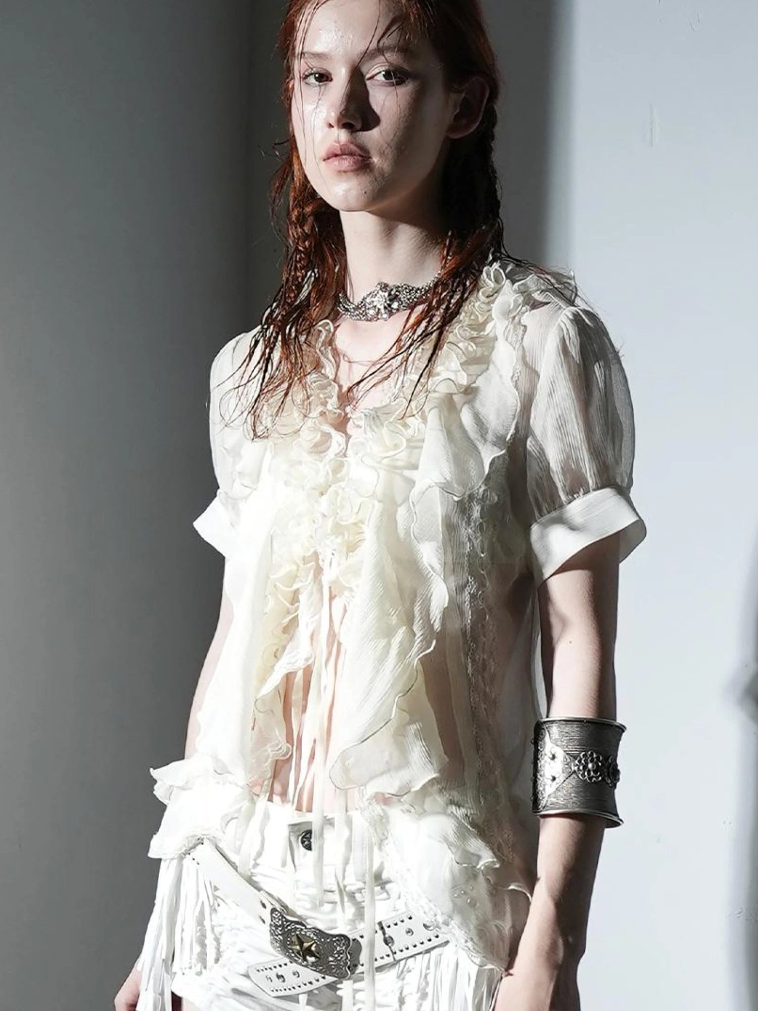 Sheer Textured Jellyfish Blouse With Layered Hem Shirt