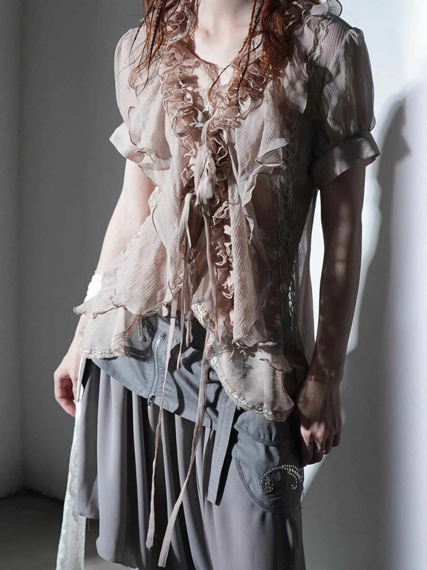 Sheer Textured Jellyfish Blouse With Layered Hem Shirt