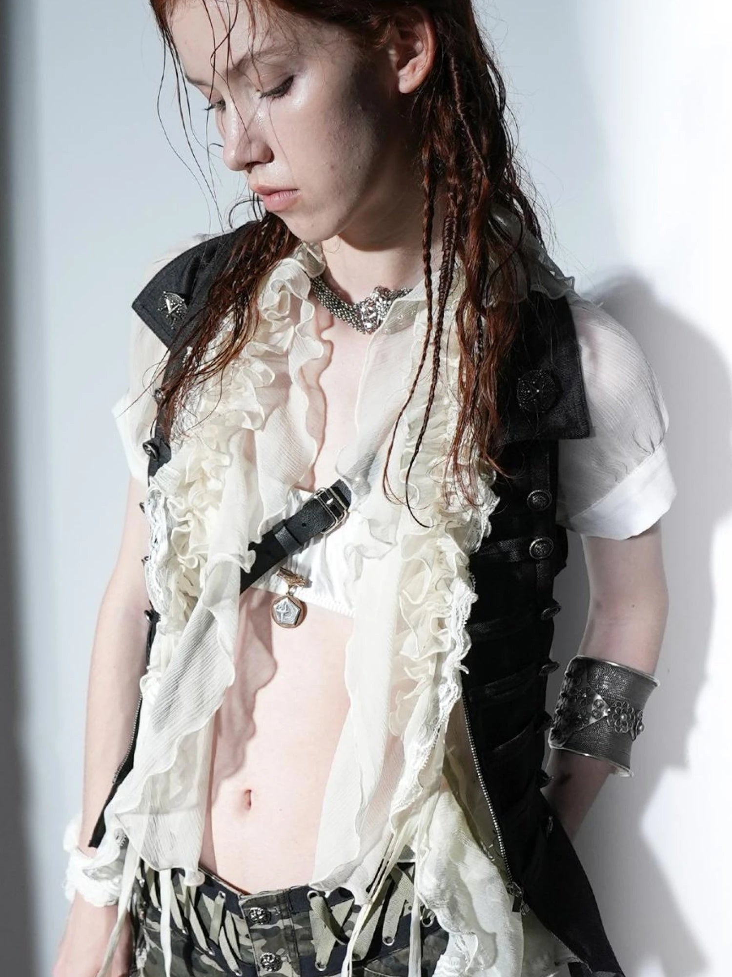 Sheer Textured Jellyfish Blouse With Layered Hem Shirt