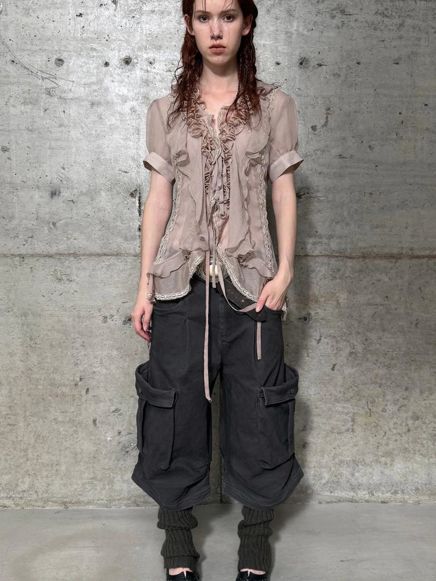 Sheer Textured Jellyfish Blouse With Layered Hem Shirt