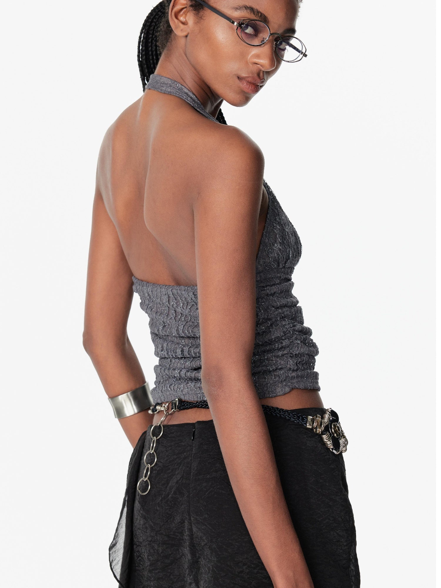 2th Desire Shiny Crinkled Leopard Print Shell Button Off Shoulder Top Women