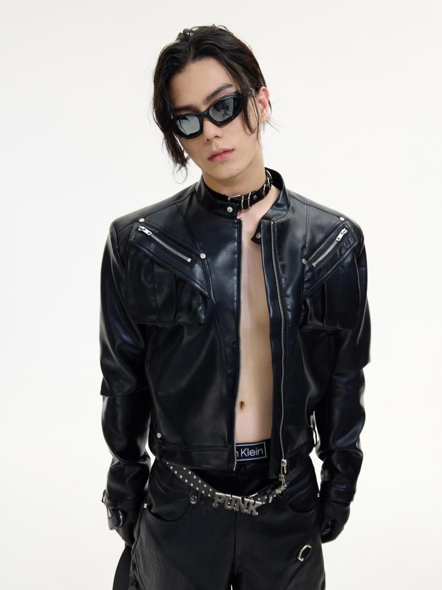 Peoplesense Short Metal Zipper Biker Jacket Slim Fit Unisex Leather Coat