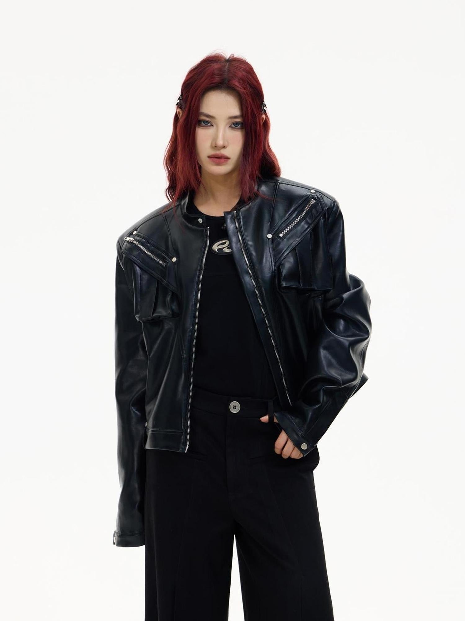 Peoplesense Short Metal Zipper Biker Jacket Slim Fit Unisex Leather Coat