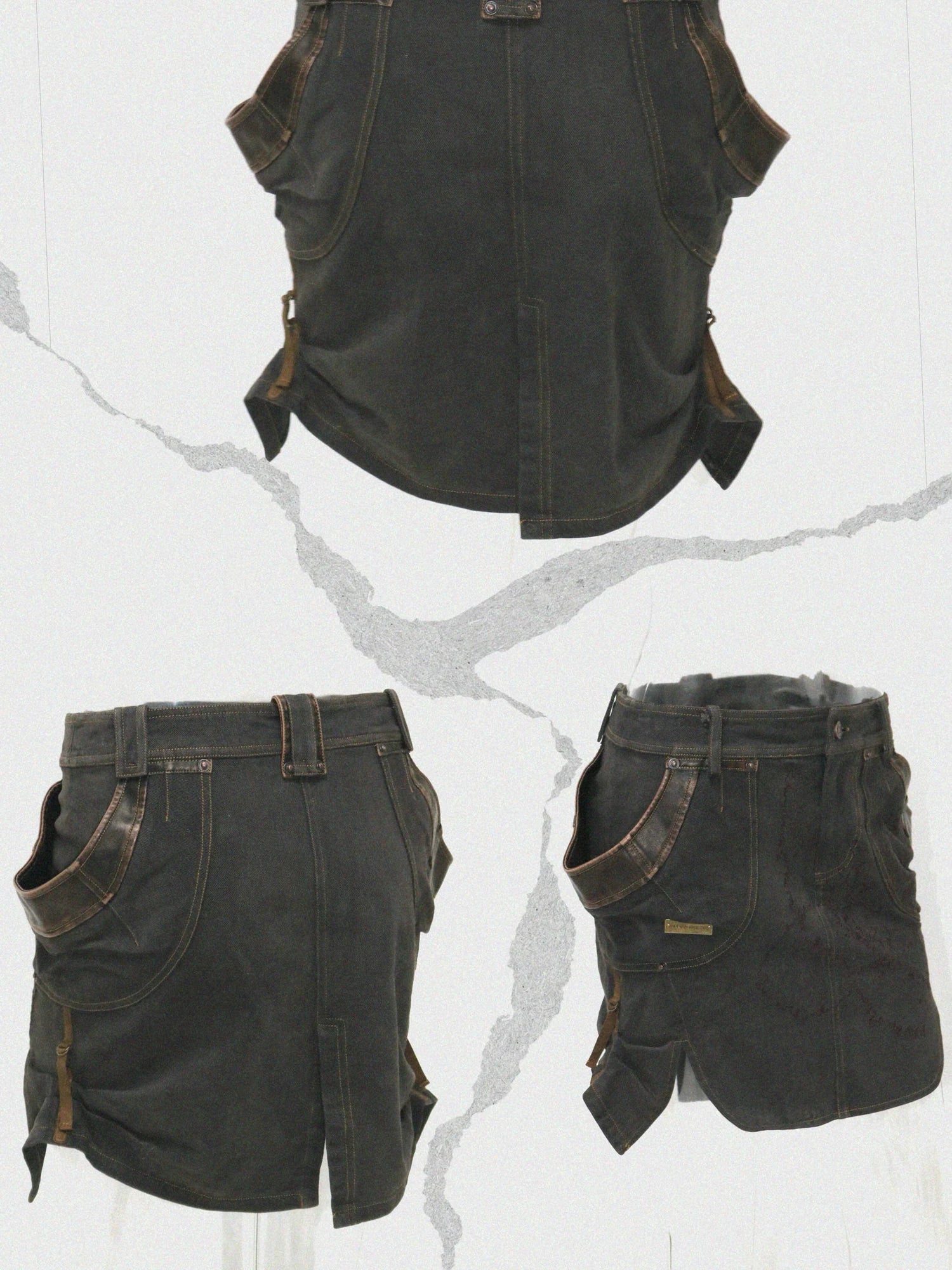 Vintage Washed Embroidered Jacket Skirt Set with Detachable Fur Collar