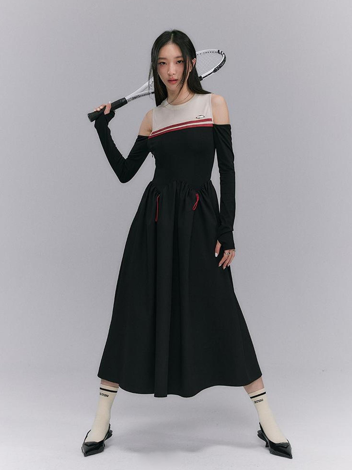 DIDDI MODA Shoulder Cutout Colorblock Knit Maxi Dress