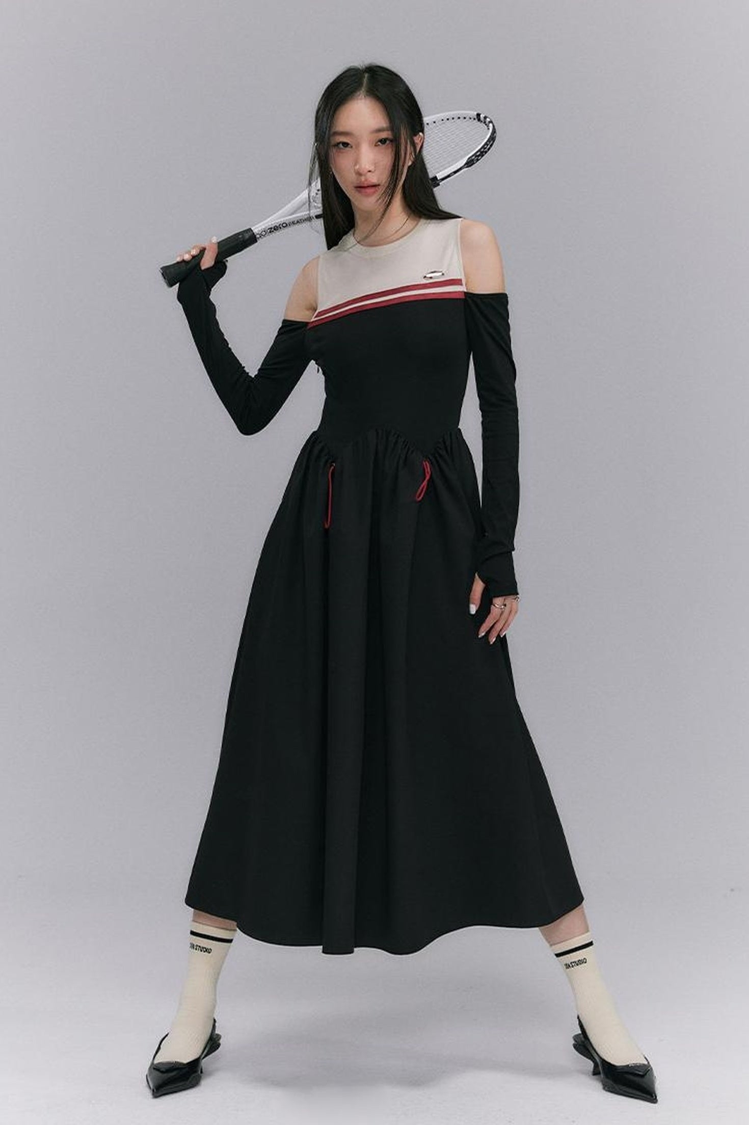 DIDDI MODA Shoulder Cutout Colorblock Knit Maxi Dress