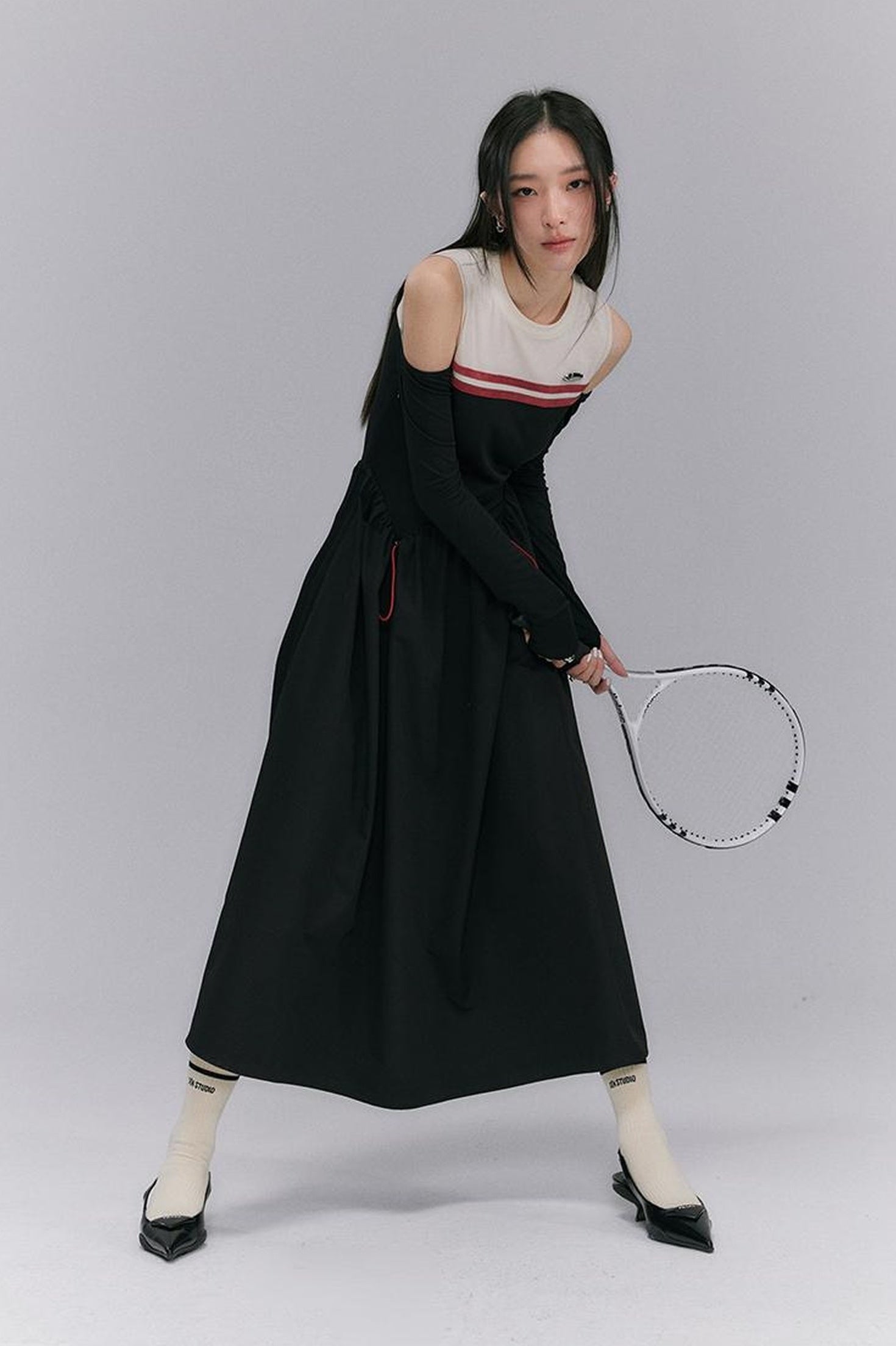 DIDDI MODA Shoulder Cutout Colorblock Knit Maxi Dress