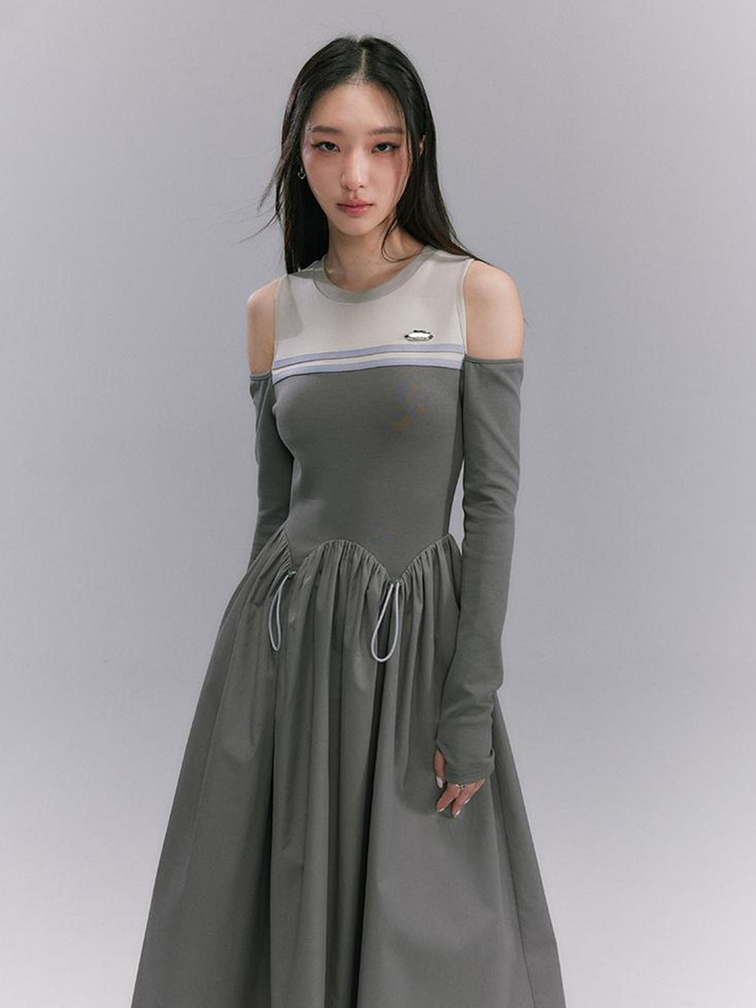 DIDDI MODA Shoulder Cutout Colorblock Knit Maxi Dress