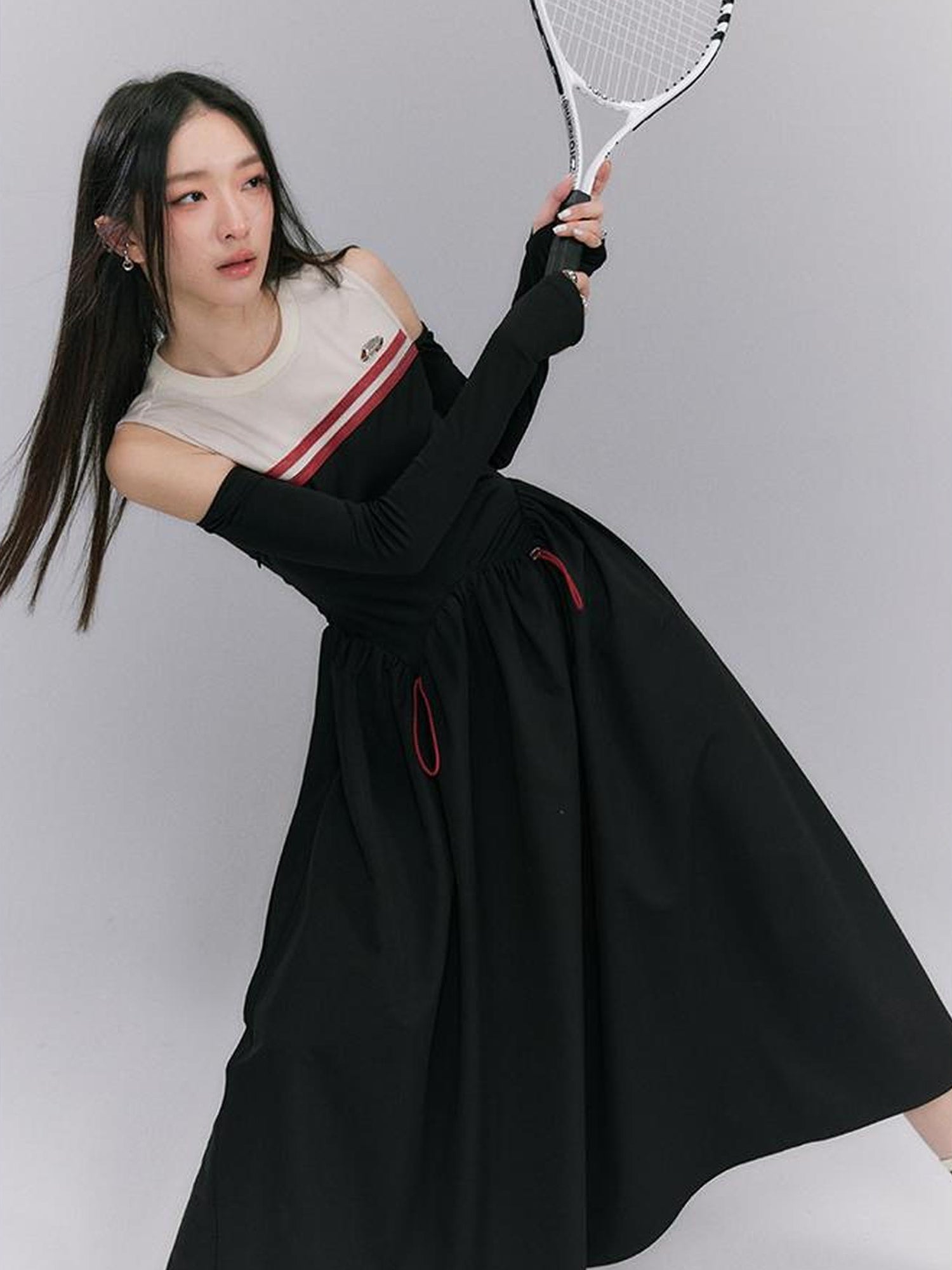 DIDDI MODA Shoulder Cutout Colorblock Knit Maxi Dress