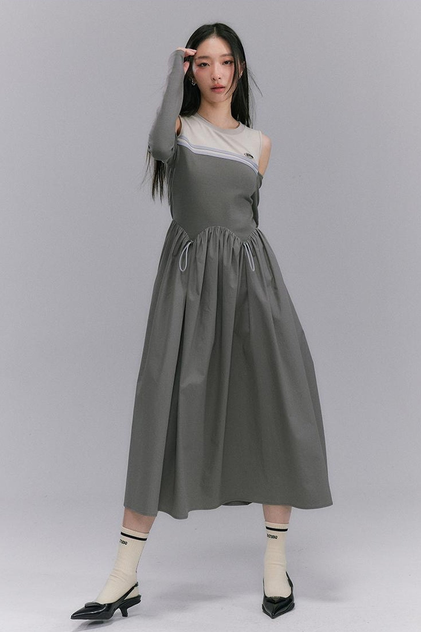 DIDDI MODA Shoulder Cutout Colorblock Knit Maxi Dress