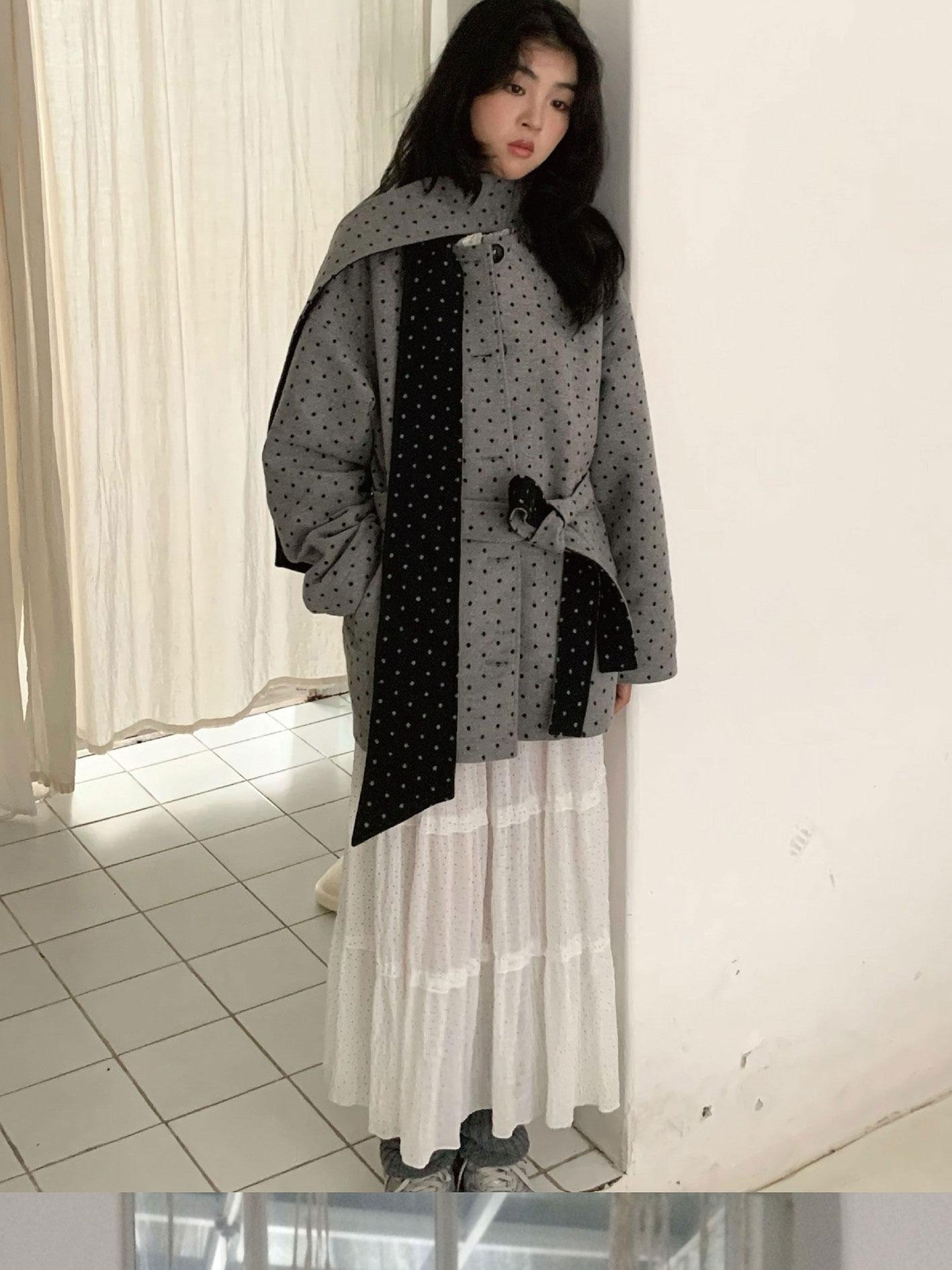 SicAstra Black Grey Polka Dot Scarf Belted Wide Fit Women&