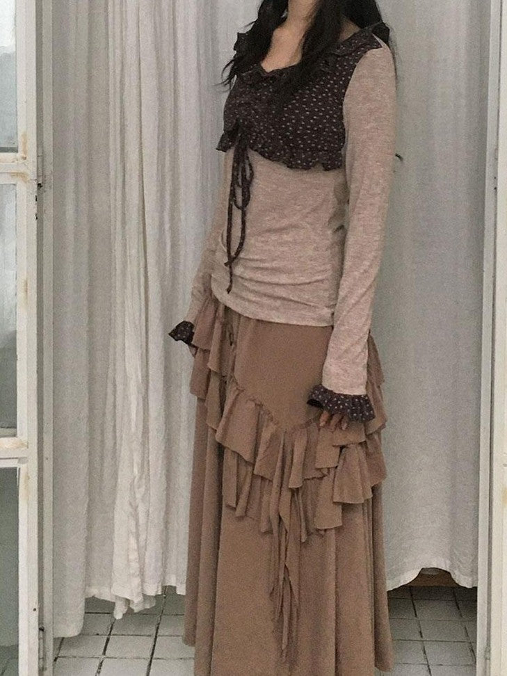 SicAstra Oatmeal Ruffle Tie Cinched Waist Women&