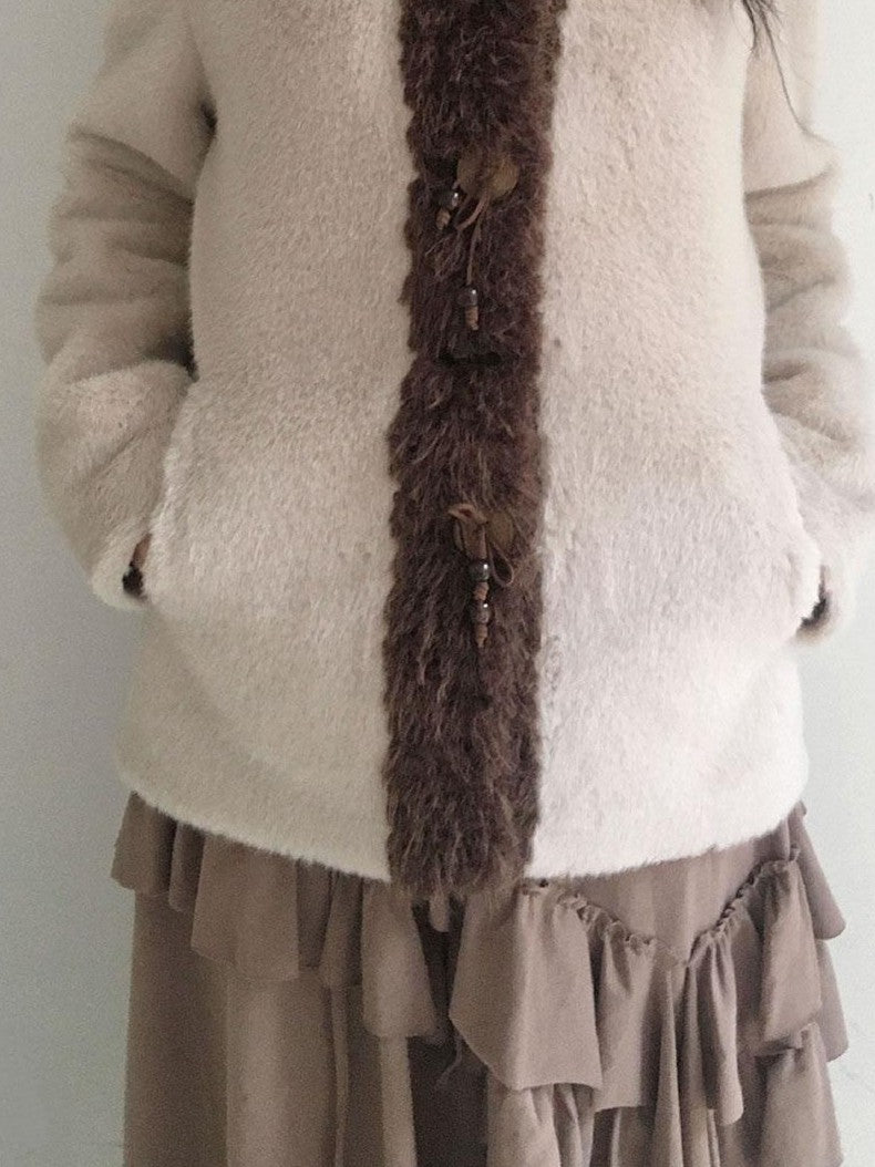 SicAstra Off White Curly Fur Splice Mid Length Vintage Women&