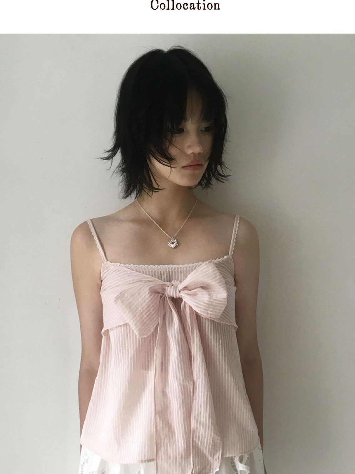 SicAstra Pastel Pink Striped Lace Trim Bow Tie Strap Women&