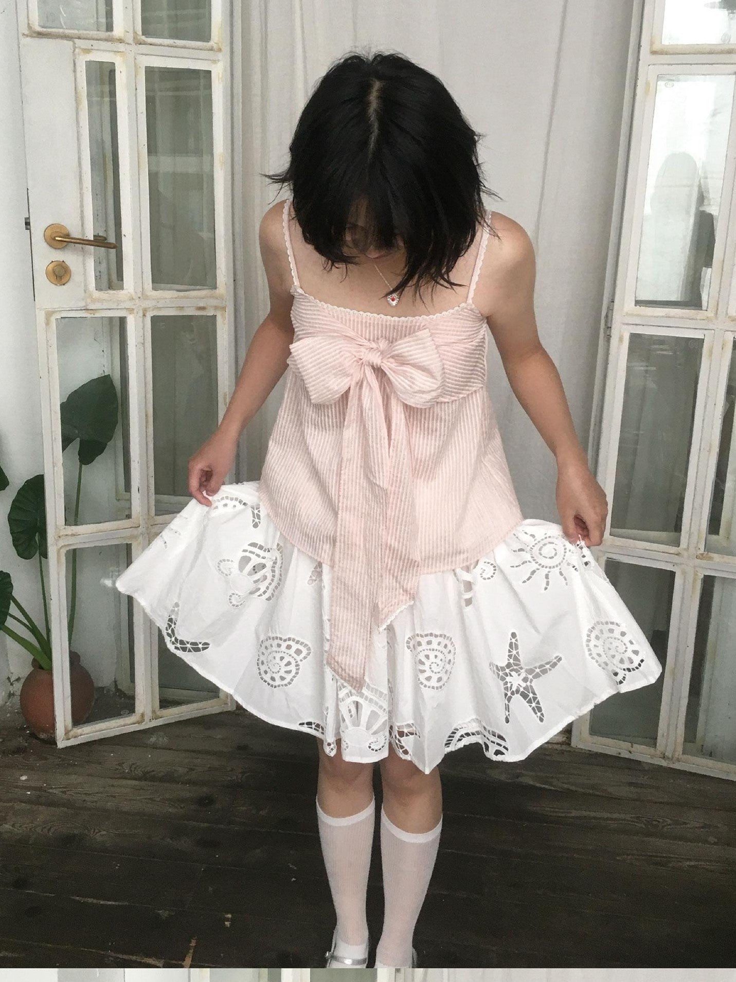 SicAstra Pastel Pink Striped Lace Trim Bow Tie Strap Women&