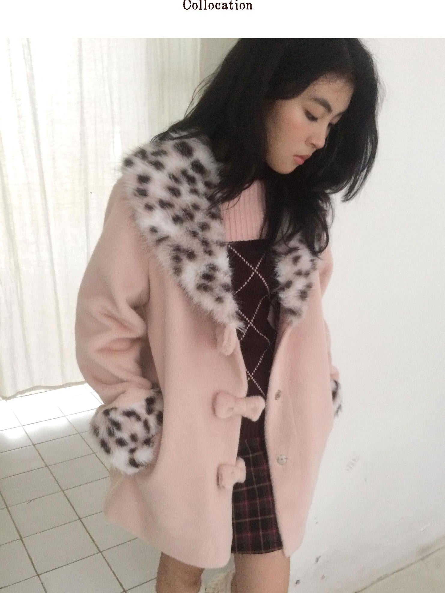 SicAstra Pink Leopard Print Bow Hidden Button Fur Collar Women&