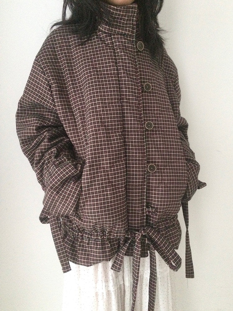 SicAstra_Vintage_Small_Check_Stand_Collar_Drawstring_Women&
