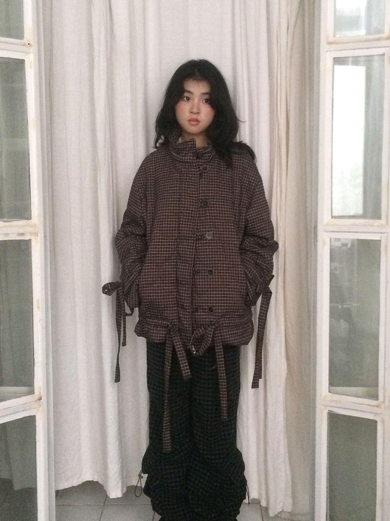 SicAstra Vintage Small Check Stand Collar Drawstring Women&