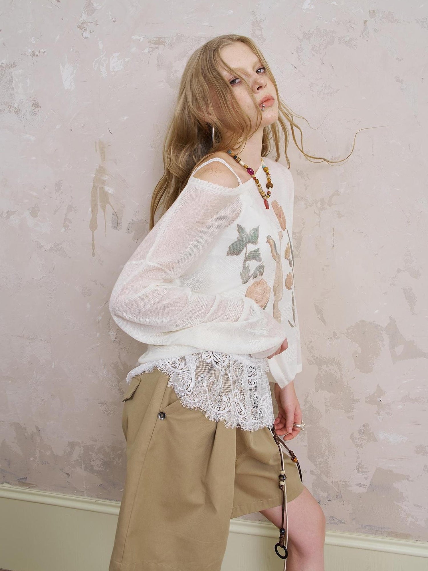 DIDDI MODA Silk Bird Vase Knit Sheer Top