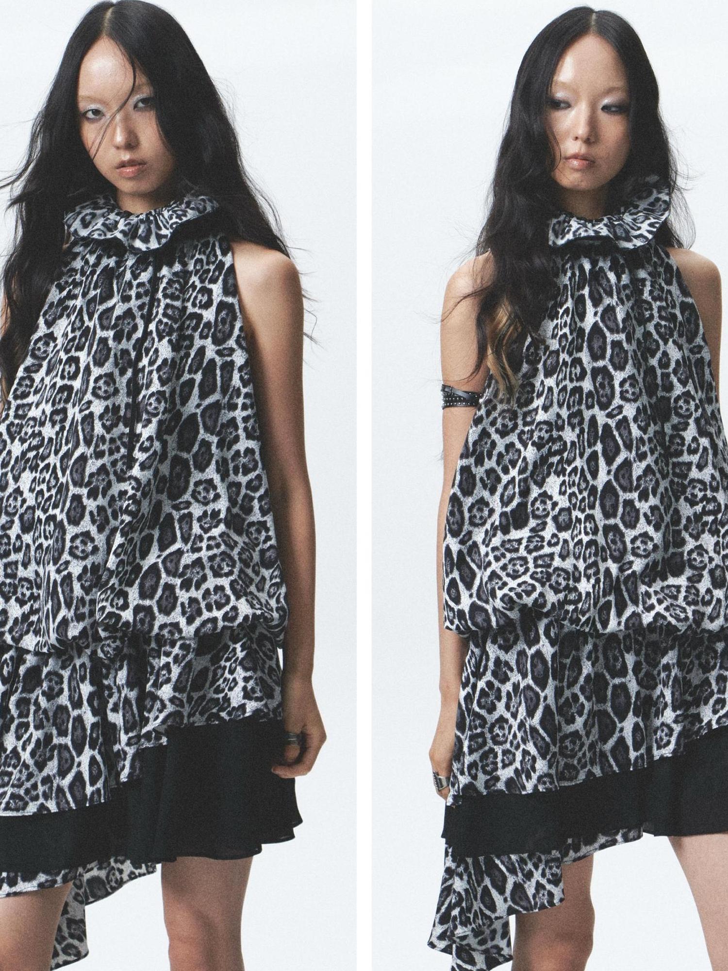 NONAME SPACE Silk Leopard Asymmetrical Hem Wrap Neck Dress With Belt