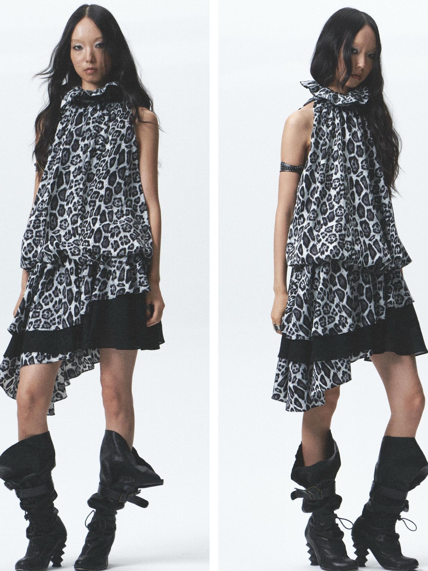 NONAME SPACE Silk Leopard Asymmetrical Hem Wrap Neck Dress With Belt