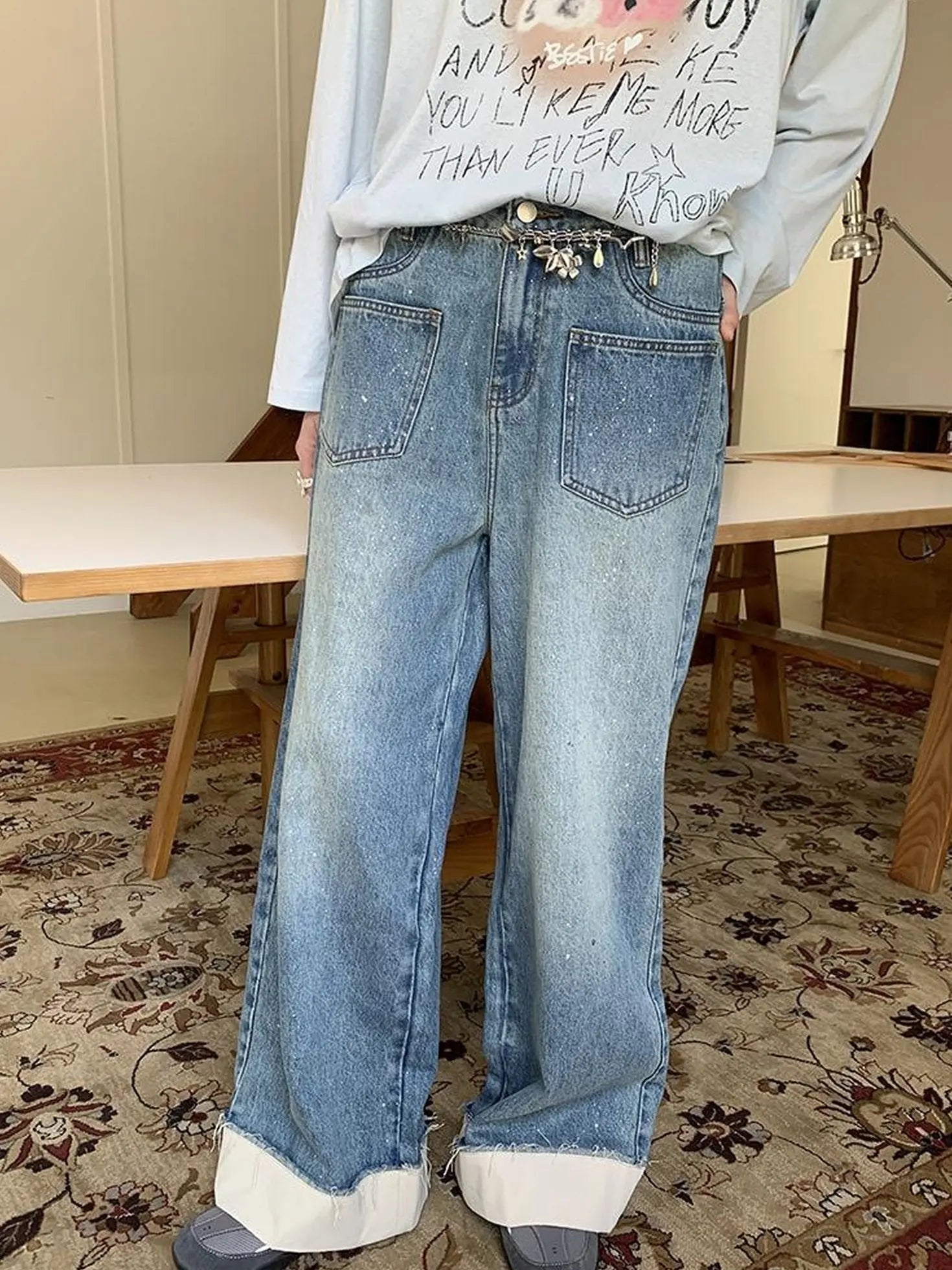 Silver Frayed Hem Straight Jeans