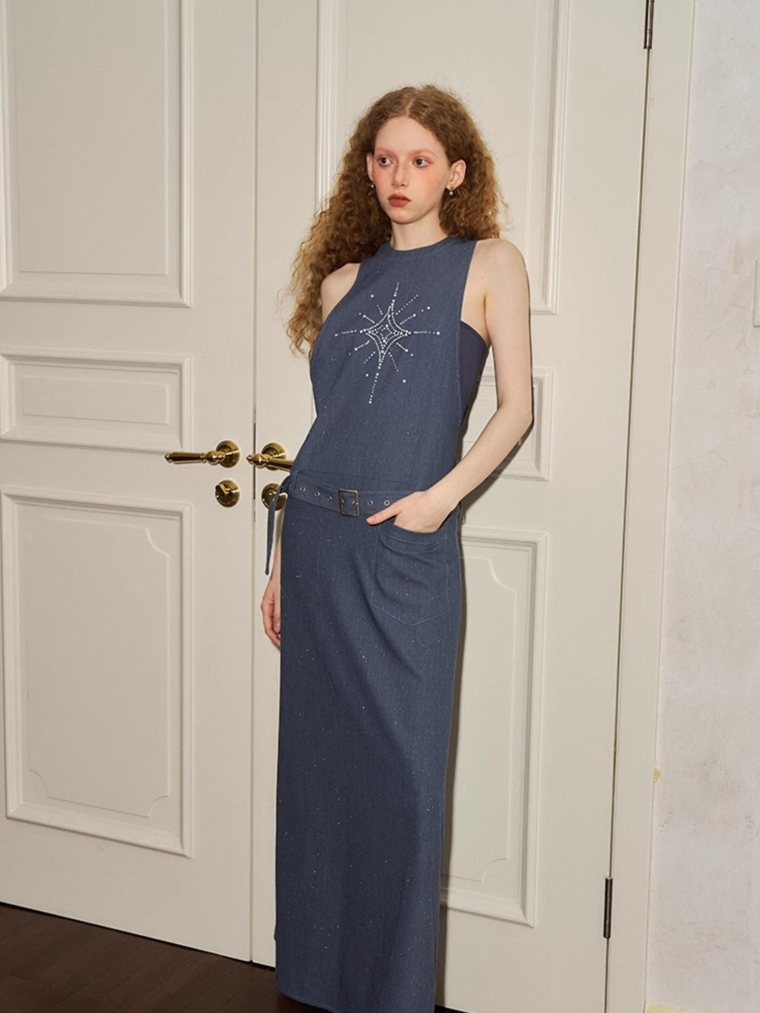 DIDDI MODA Silver Starry Halter Maxi Dress With Metallic Studs