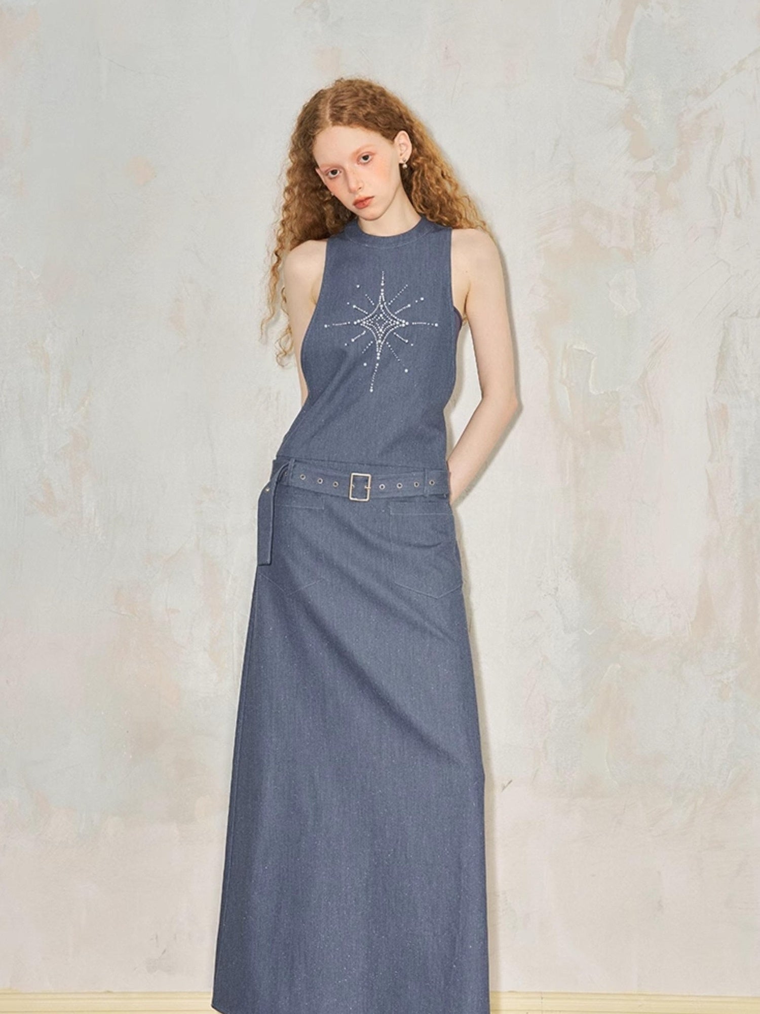 DIDDI MODA Silver Starry Halter Maxi Dress With Metallic Studs