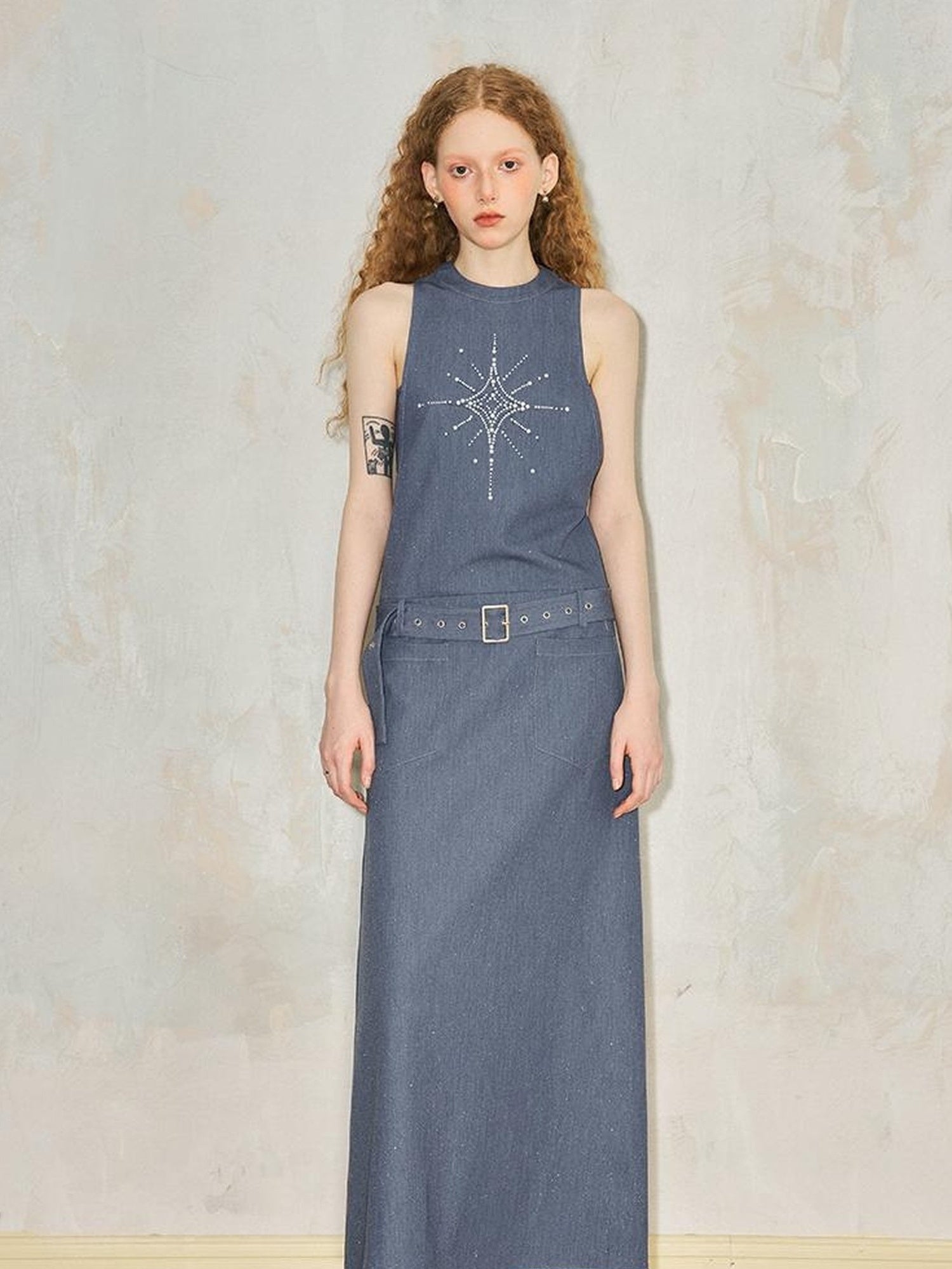 DIDDI MODA Silver Starry Halter Maxi Dress With Metallic Studs