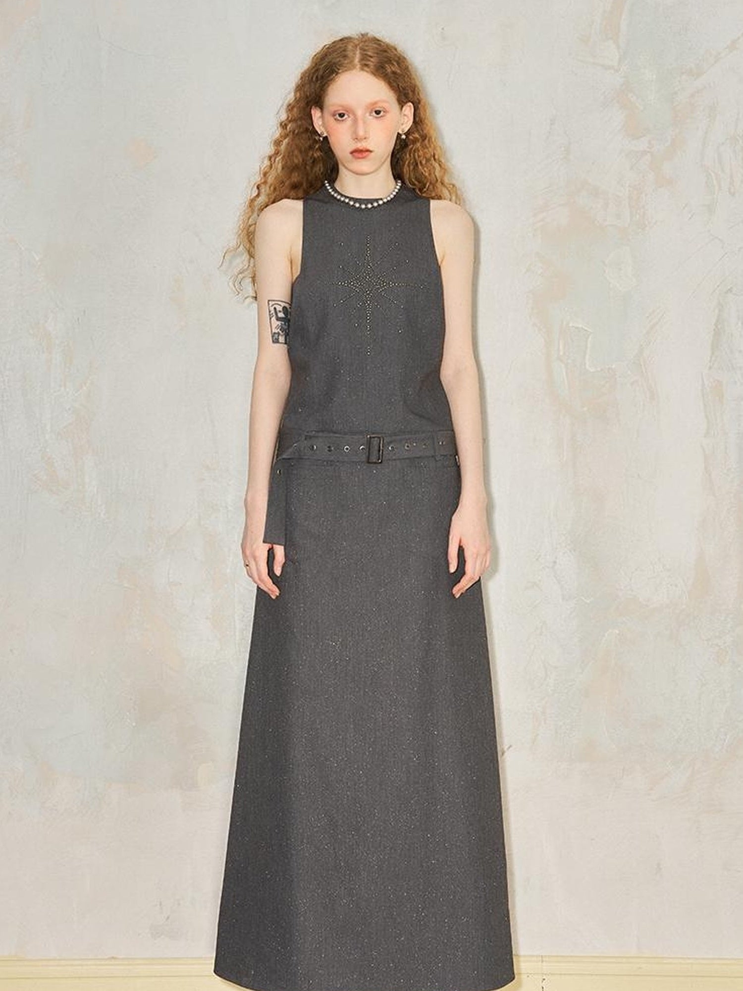 DIDDI MODA Silver Starry Halter Maxi Dress With Metallic Studs