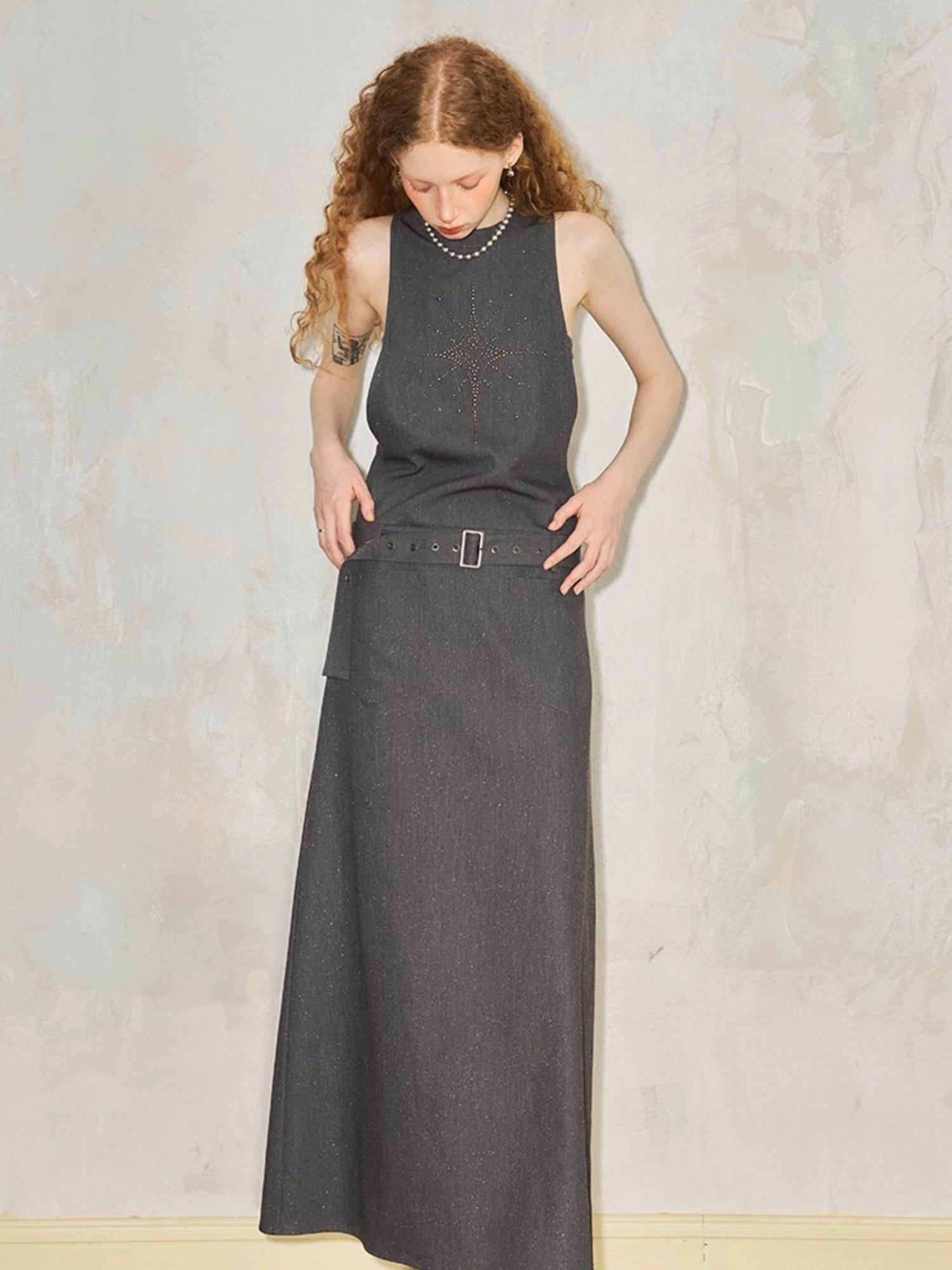 DIDDI MODA Silver Starry Halter Maxi Dress With Metallic Studs