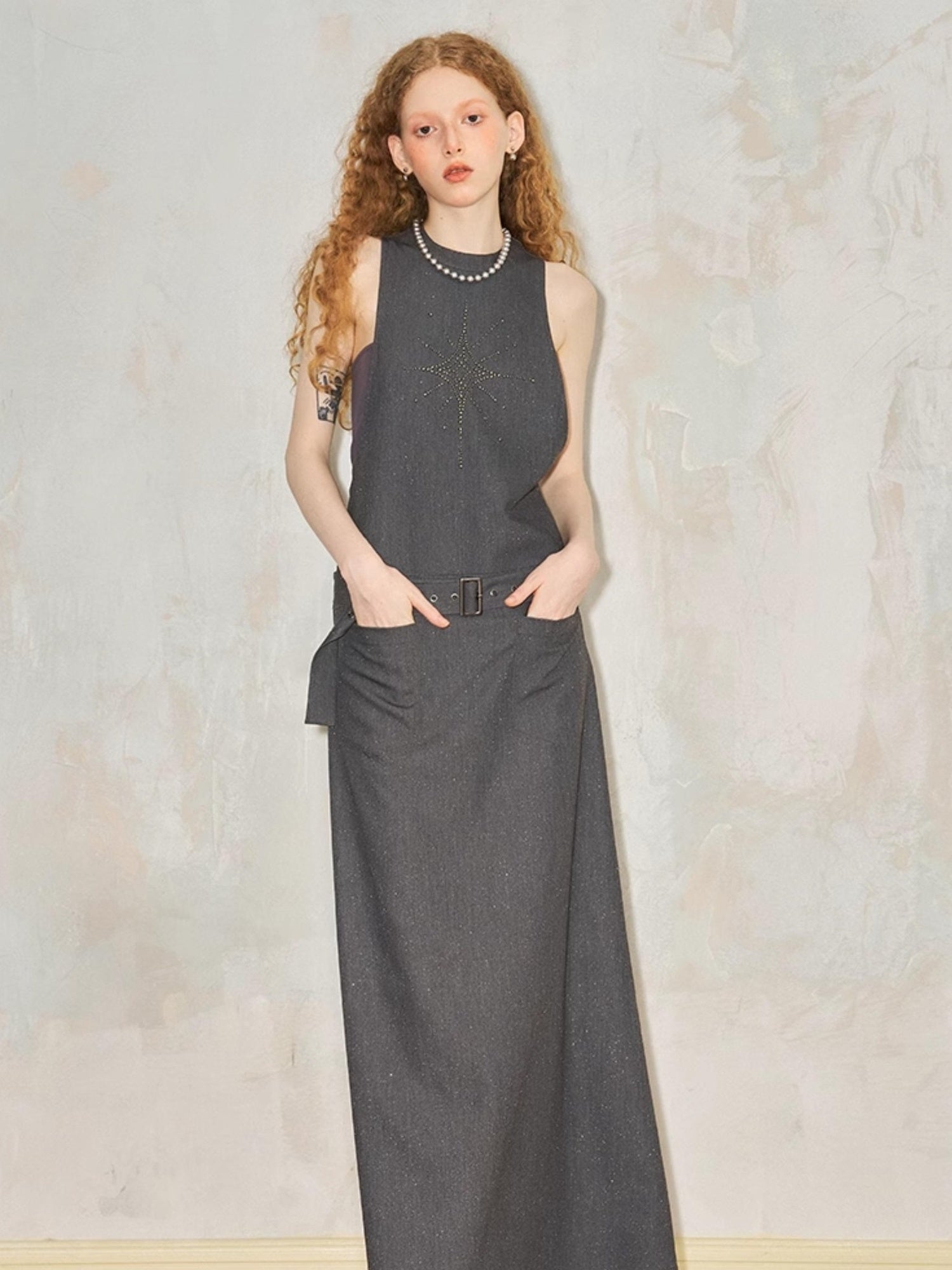 DIDDI MODA Silver Starry Halter Maxi Dress With Metallic Studs