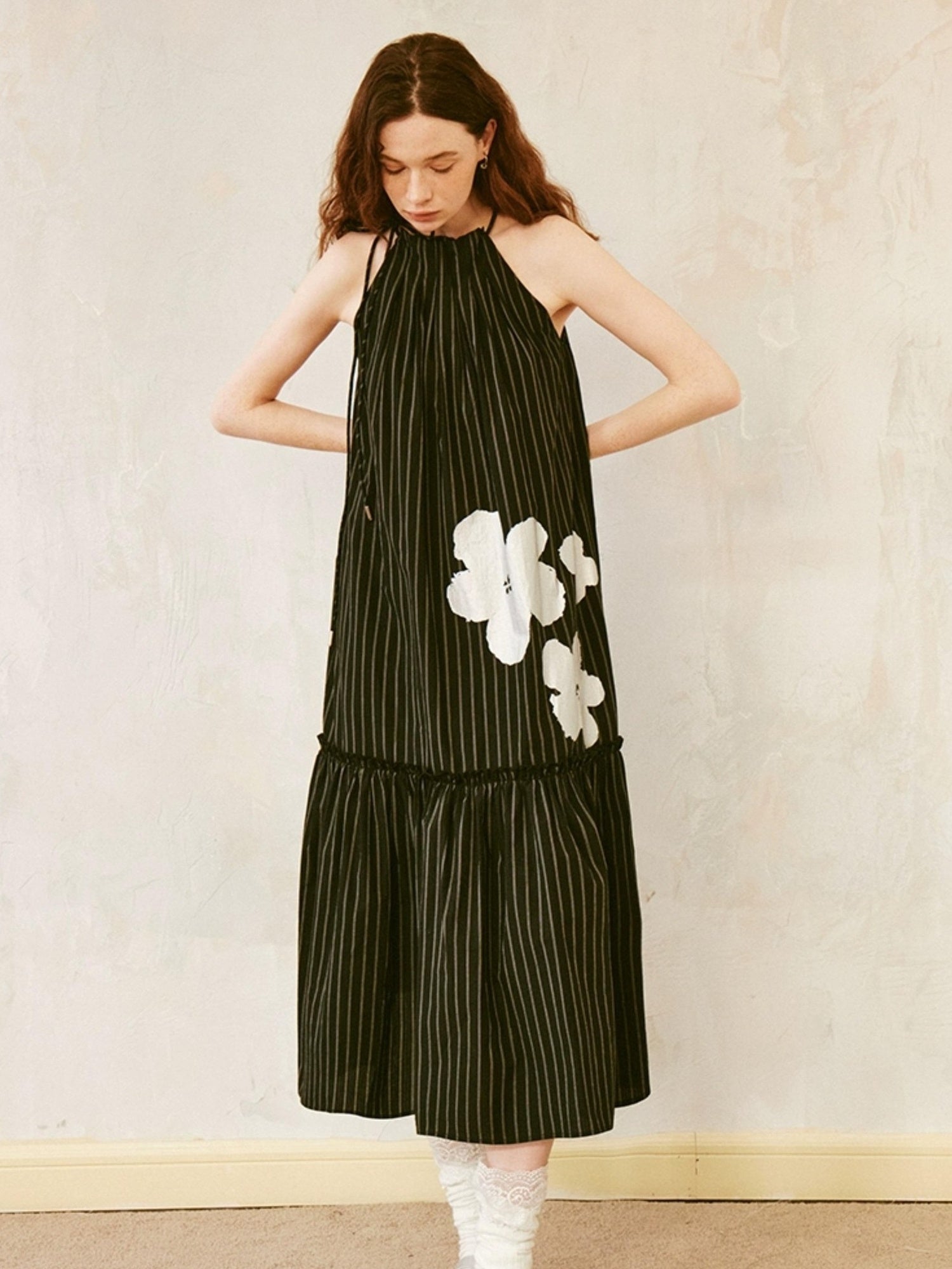 DIDDI MODA Silver Stripe Halter Neck A Line Maxi Dress