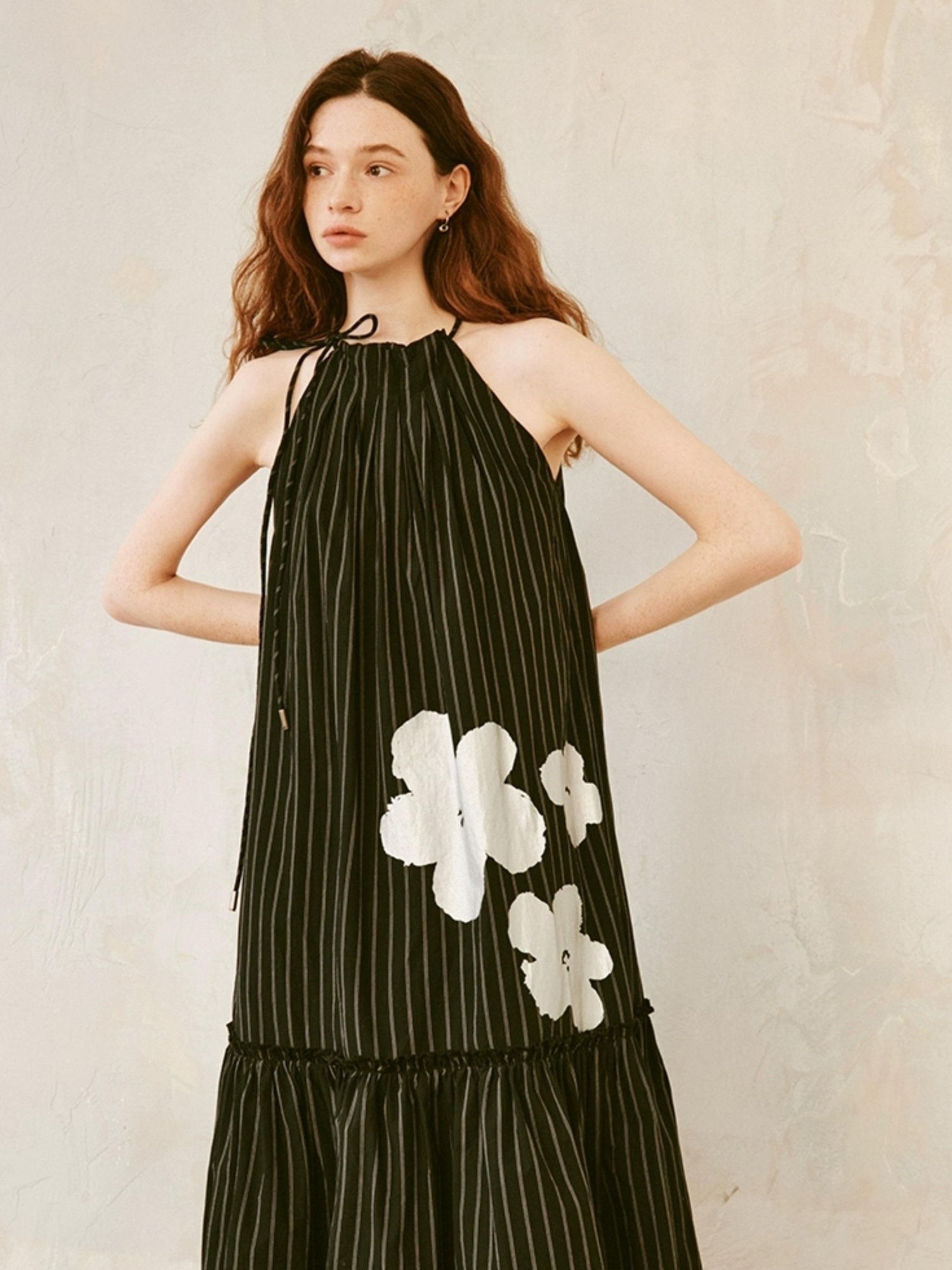 DIDDI MODA Silver Stripe Halter Neck A Line Maxi Dress