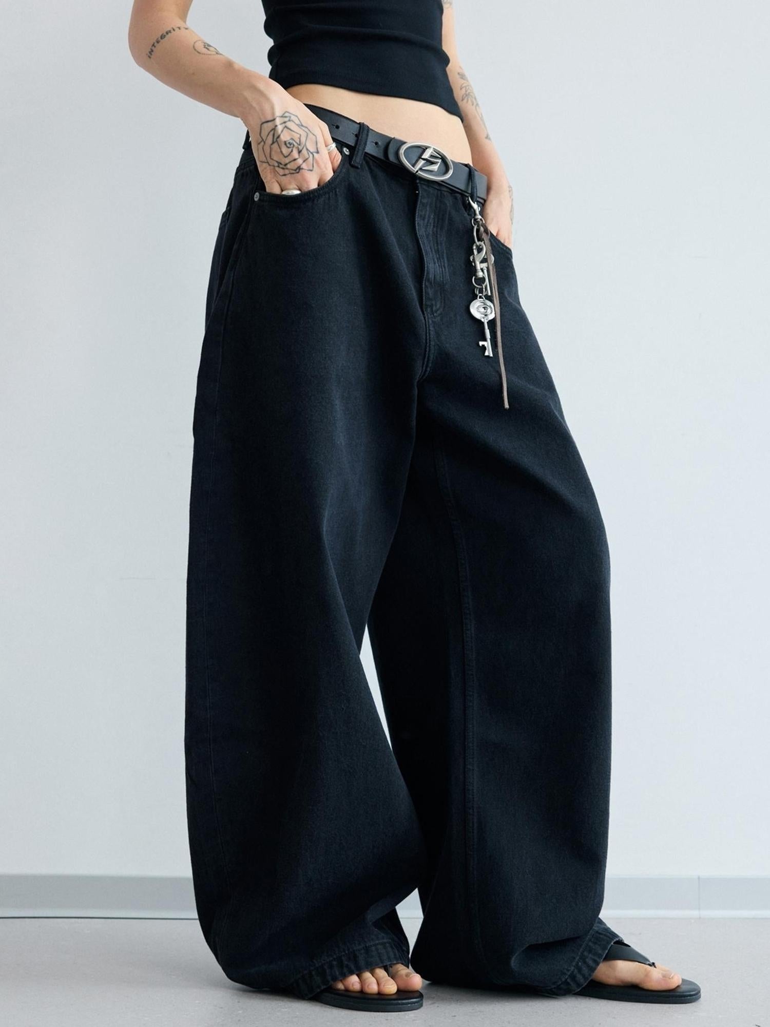 Peoplesense Simple Washed Wide Leg Jeans Relaxed Fit With Curved Hem