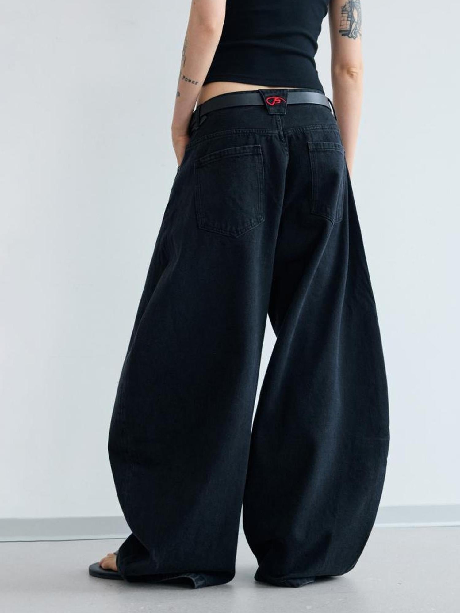 Peoplesense Simple Washed Wide Leg Jeans Relaxed Fit With Curved Hem