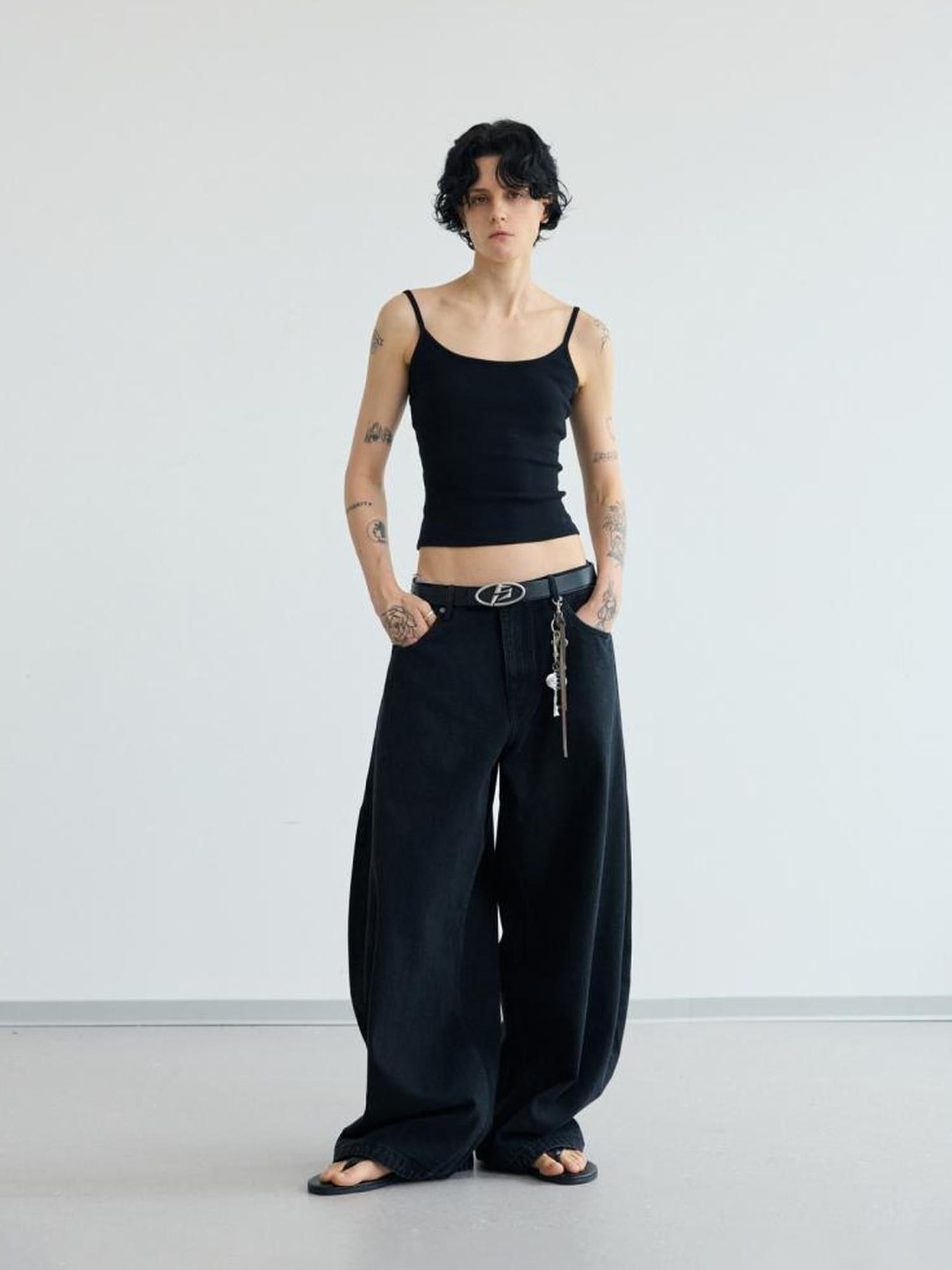 Peoplesense Simple Washed Wide Leg Jeans Relaxed Fit With Curved Hem