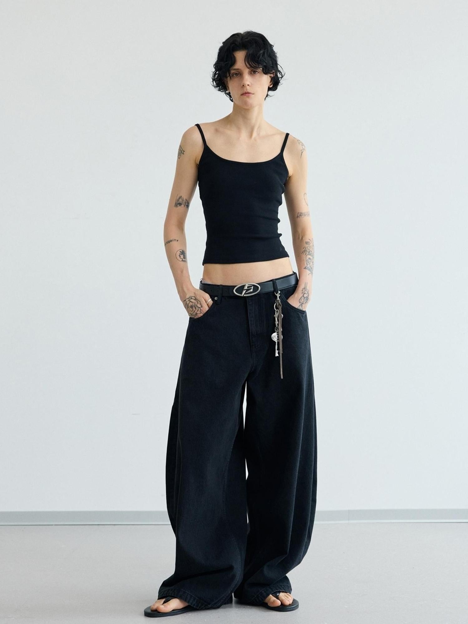 Peoplesense Simple Washed Wide Leg Jeans Relaxed Fit With Curved Hem