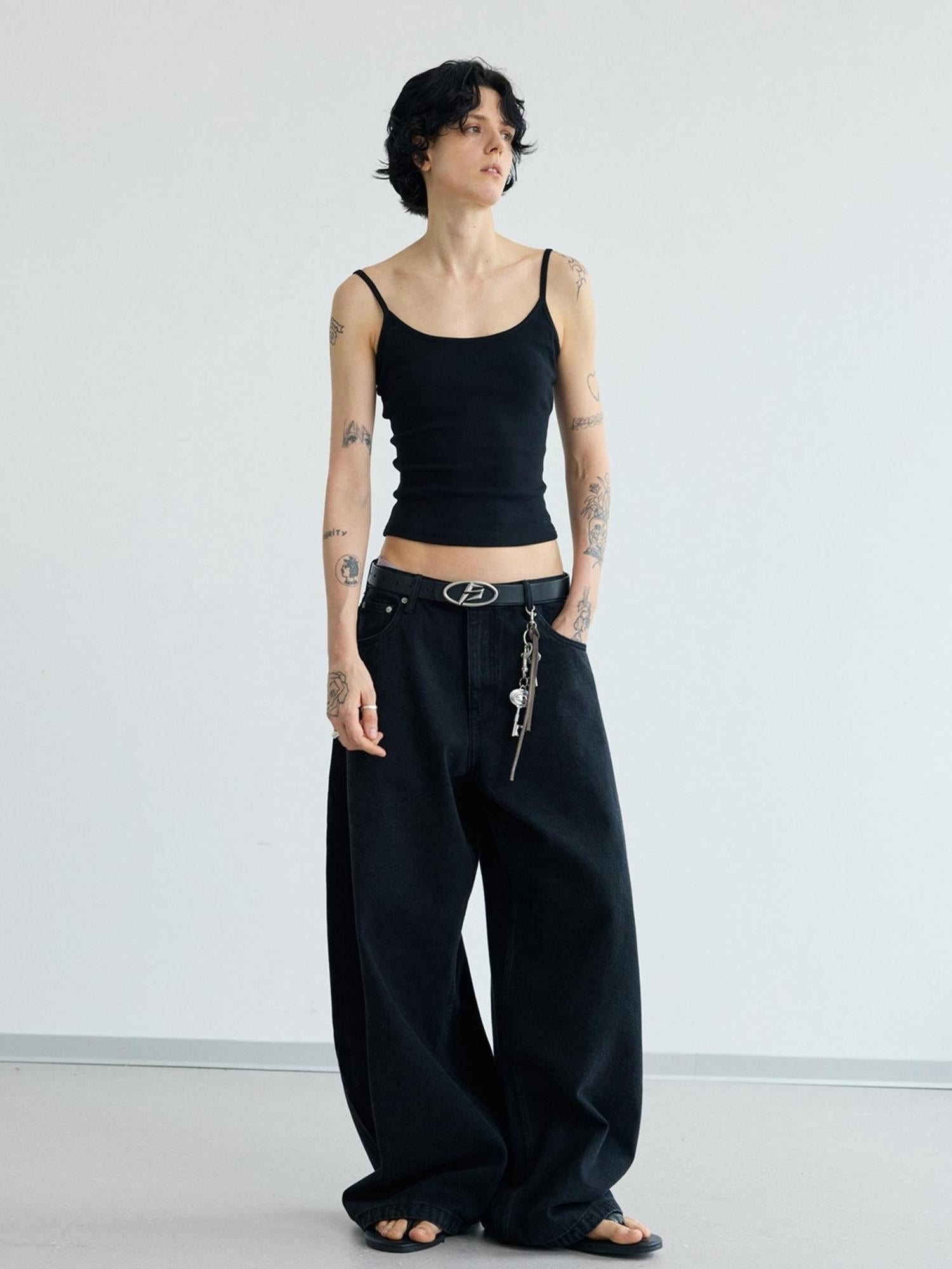 Peoplesense Simple Washed Wide Leg Jeans Relaxed Fit With Curved Hem