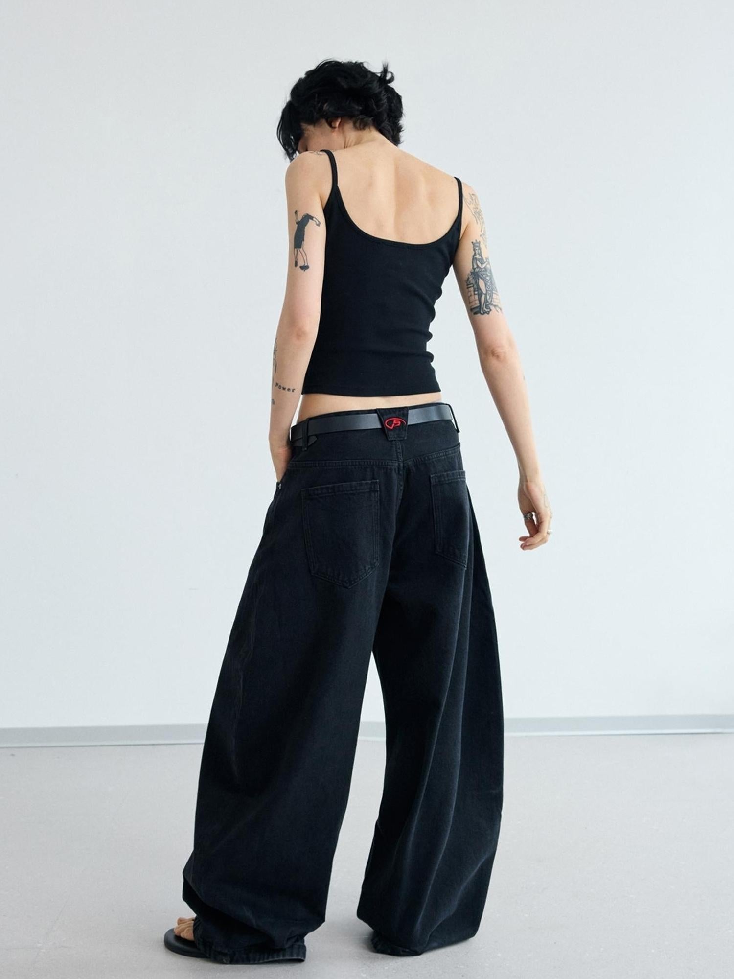 Peoplesense Simple Washed Wide Leg Jeans Relaxed Fit With Curved Hem