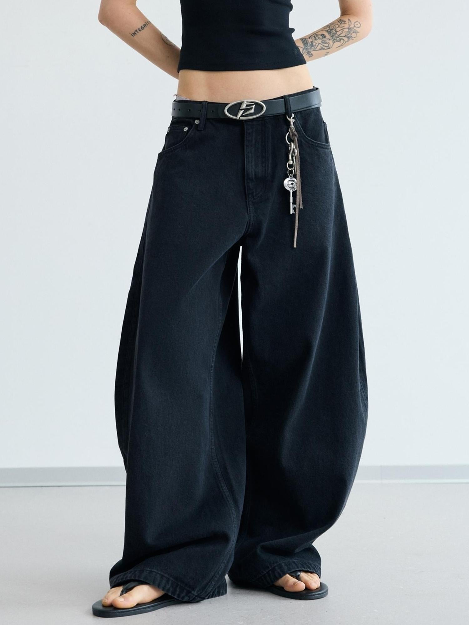 Peoplesense Simple Washed Wide Leg Jeans Relaxed Fit With Curved Hem