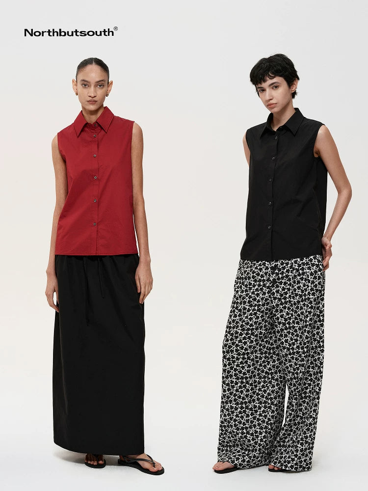 Single Row Button Sleeveless Cotton Shirt in Black and Red