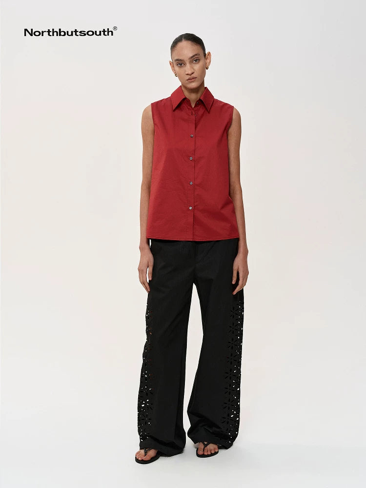 Single Row Button Sleeveless Cotton Shirt in Black and Red